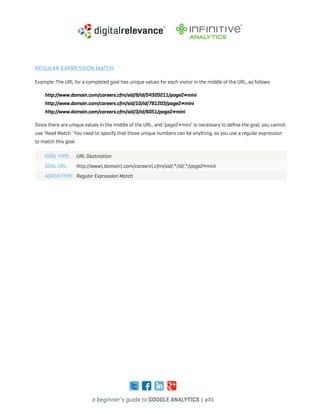 a beginner’s guide to google analytics | p31
REGULAR EXPRESSION MATCH
Example: The URL for a completed goal has unique values for each visitor in the middle of the URL, as follows:
http://www.domain.com/careers.cfm/sid/9/id/54320211/page2#mini
http://www.domain.com/careers.cfm/sid/10/id/781203/page2#mini
http://www.domain.com/careers.cfm/sid/3/id/6051/page2#mini
Since there are unique values in the middle of the URL, and ‘page2#mini’ is necessary to define the goal, you cannot
use ‘Head Match.’ You need to specify that those unique numbers can be anything, so you use a regular expression
to match this goal.
	 Goal Type: 	 URL Destination 
Goal URL: 	 http://www.domain.com/careers.cfm/sid/.*/id/.*/page2#mini
Match Type: 	Regular Expression Match
 
