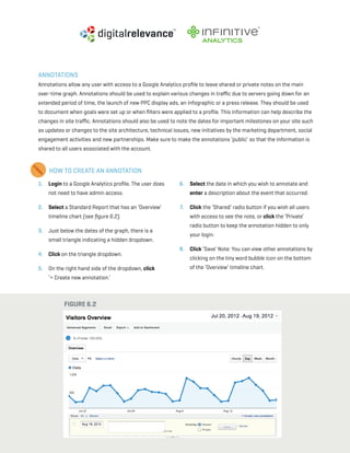 a beginner’s guide to google analytics | p36
Annotations
Annotations allow any user with access to a Google Analytics profile to leave shared or private notes on the main
over-time graph. Annotations should be used to explain various changes in traffic due to servers going down for an
extended period of time, the launch of new PPC display ads, an infographic or a press release. They should be used
to document when goals were set up or when filters were applied to a profile. This information can help describe the
changes in site traffic. Annotations should also be used to note the dates for important milestones on your site such
as updates or changes to the site architecture, technical issues, new initiatives by the marketing department, social
engagement activities and new partnerships. Make sure to make the annotations ‘public’ so that the information is
shared to all users associated with the account.
HOW TO CREATE AN ANNOTATION
1. 	 Login to a Google Analytics profile. The user does
not need to have admin access.
2. 	 Select a Standard Report that has an ‘Overview’
timeline chart (see figure 6.2).
3. 	 Just below the dates of the graph, there is a
small triangle indicating a hidden dropdown.
4. 	 Click on the triangle dropdown.
5. 	 On the right hand side of the dropdown, click
‘+ Create new annotation.’
6. 	 Select the date in which you wish to annotate and
enter a description about the event that occurred.
7. 	 Click the ‘Shared’ radio button if you wish all users
with access to see the note, or click the ‘Private’
radio button to keep the annotation hidden to only
your login.
8. 	 Click ‘Save’ Note: You can view other annotations by
clicking on the tiny word bubble icon on the bottom
of the ‘Overview’ timeline chart.
Figure 6.2
 