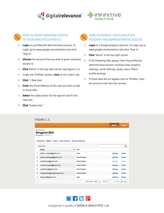 a beginner’s guide to google analytics | p8
HOW TO GRANT SOMEONE ACCESS
TO YOUR ANALYTICS PROFILE
1. 	 Login to a profile with Administrative access. To
Login, go to www.google.com/analytics and click
‘Sign In.’
2. 	 Choose the account that you wish to grant someone
access to.
3. 	 Click ‘Admin’ in the top right corner (see figure 1.1).
4. 	 Under the ‘Profiles’ section, click on the ‘Users’ tab.
5. 	 Click ‘+ New User.’
6. 	 Enter the Email Address of the user you wish to add
to the profile.
7. 	 Select the radio button for the type of role for the
new user.
8. 	 Click ‘Create User.’
HOW TO KNOW IF YOUR ANALYTICS
ACCOUNT HAS ADMINISTRATIVE ACCESS
1. 	 Login to a Google Analytics account. To Login, go to
www.google.com/analytics and click ‘Sign In.’
2. 	 Click ‘Admin’ in the top right corner.
3. 	 If the following tabs appear, then the profile has
administrative access: tracking code, property
settings, social settings, goals, users, filters,
profile settings.
4. 	 If those tabs did not appear next to ‘Profiles,’ then
the account only has User access.
Figure 1.1
 