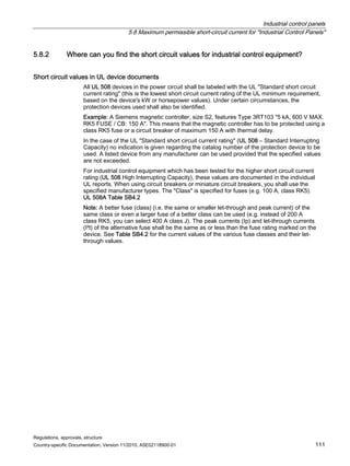 Industrial control panels
5.8 Maximum permissible short-circuit current for Industrial Control Panels
Regulations, approvals, structure
Country-specific Documentation, Version 11/2010, A5E02118900-01 111
5.8.2 Where can you find the short circuit values for industrial control equipment?
Short circuit values in UL device documents
All UL 508 devices in the power circuit shall be labeled with the UL Standard short circuit
current rating (this is the lowest short circuit current rating of the UL minimum requirement,
based on the device's kW or horsepower values). Under certain circumstances, the
protection devices used shall also be identified.
Example: A Siemens magnetic controller, size S2, features Type 3RT103 5 kA, 600 V MAX.
RK5 FUSE / CB: 150 A. This means that the magnetic controller has to be protected using a
class RK5 fuse or a circuit breaker of maximum 150 A with thermal delay.
In the case of the UL Standard short circuit current rating (UL 508 – Standard Interrupting
Capacity) no indication is given regarding the catalog number of the protection device to be
used. A listed device from any manufacturer can be used provided that the specified values
are not exceeded.
For industrial control equipment which has been tested for the higher short circuit current
rating (UL 508 High Interrupting Capacity), these values are documented in the individual
UL reports. When using circuit breakers or miniature circuit breakers, you shall use the
specified manufacturer types. The Class is specified for fuses (e.g. 100 A, class RK5).
UL 508A Table SB4.2
Note: A better fuse (class) (i.e. the same or smaller let-through and peak current) of the
same class or even a larger fuse of a better class can be used (e.g. instead of 200 A
class RK5, you can select 400 A class J). The peak currents (Ip) and let-through currents
(I²t) of the alternative fuse shall be the same as or less than the fuse rating marked on the
device. See Table SB4.2 for the current values of the various fuse classes and their let-
through values.
 