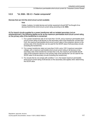Industrial control panels
5.8 Maximum permissible short-circuit current for Industrial Control Panels
Regulations, approvals, structure
Country-specific Documentation, Version 11/2010, A5E02118900-01 117
5.8.5 UL 508A - SB 4.3 - Feeder components
Devices that can limit the short-circuit current available
Note
Cables, busbars, bi-metal devices and similar equipment should NOT be thought of as
devices that limit the short-circuit current rating according to UL 508A.
A) For branch circuits supplied by a power transformer with an isolated secondary (not an
autotransformer!), the following applies as far as the maximum permissible short-circuit current rating
on the primary side of the transformer is concerned:
1. For a power transformer rate of not more than 10 kVA, and a maximum permissible short-
circuit current rating of all devices on the secondary side of the transformer not less than
5 kA, the maximum permissible short-circuit current value of the protection device on the
primary side of the transformer can be used for the SCCR value of all secondary circuits
(including the transformer).
2. For a power transformer rated not more than 5 kVA, and a 120 V maximum secondary
voltage, with a maximum permissible short-circuit current rating of all devices on the
secondary side of the transformer not less than 2 kA, the maximum permissible SCCR
value of the protection device on the primary side of the transformer can be used for the
SCCR value of all secondary circuits (including the transformer).
3. For circuits that do not comply with condition 1 or 2, the lowest maximum permissible
short-circuit current rating of all devices on the secondary side applies when determining
the SCCR value.
 