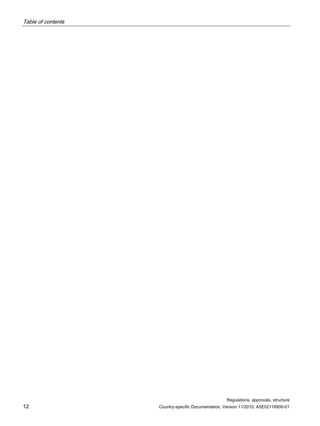 Table of contents
Regulations, approvals, structure
12 Country-specific Documentation, Version 11/2010, A5E02118900-01
 