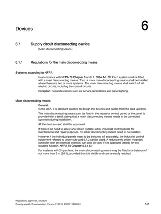 Regulations, approvals, structure
Country-specific Documentation, Version 11/2010, A5E02118900-01 121
Devices 6
6.1 Supply circuit disconnecting device
(Main Disconnecting Means)
6.1.1 Regulations for the main disconnecting means
Systems according to NFPA
In accordance with NFPA 79 Chapter 5 and UL 508A Art. 30: Each system shall be fitted
with a main disconnecting means. Two or more main disconnecting means shall be installed
where there are two or more systems. The main disconnecting means shall switch off all
electric circuits, including the control circuits.
Exception: Separate circuits such as service receptacles and panel lighting.
Main disconnecting means
General:
In the USA, it is standard practice to design the devices and cables from the load upwards.
The main disconnecting means can be fitted in the industrial control panel, or the panel is
provided with a label stating that a main disconnecting means needs to be connected
upstream during installation.
All the devices used shall be approved.
If there is no need to safely shut down (isolate) other industrial control panels for
maintenance and repair purposes, no other disconnecting means need to be installed.
However if the individual panels need to be switched off separately, the industrial control
equipment referred to under sub-part 6.1.2 can be used. A redundantly driven magnetic
controller with an electrical interlock can also be used if it is approved (listed) for this
isolating function. NFPA 79 Chapter 5.5.4 (3)
For systems with 2 hp or less, the main disconnecting means may be fitted at a distance of
not more than 6 m (20 ft), provided that it is visible and can be easily reached.
 