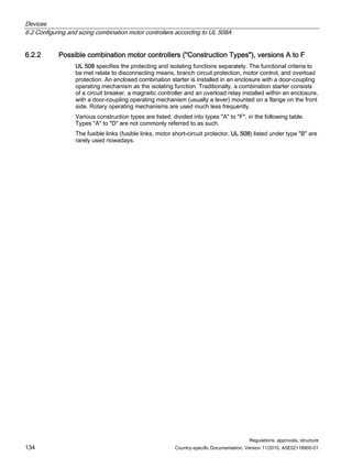 Devices
6.2 Configuring and sizing combination motor controllers according to UL 508A
Regulations, approvals, structure
134 Country-specific Documentation, Version 11/2010, A5E02118900-01
6.2.2 Possible combination motor controllers (Construction Types), versions A to F
UL 508 specifies the protecting and isolating functions separately. The functional criteria to
be met relate to disconnecting means, branch circuit protection, motor control, and overload
protection. An enclosed combination starter is installed in an enclosure with a door-coupling
operating mechanism as the isolating function. Traditionally, a combination starter consists
of a circuit breaker, a magnetic controller and an overload relay installed within an enclosure,
with a door-coupling operating mechanism (usually a lever) mounted on a flange on the front
side. Rotary operating mechanisms are used much less frequently.
Various construction types are listed, divided into types A to F, in the following table.
Types A to D are not commonly referred to as such.
The fusible links (fusible links, motor short-circuit protector, UL 508) listed under type B are
rarely used nowadays.
 