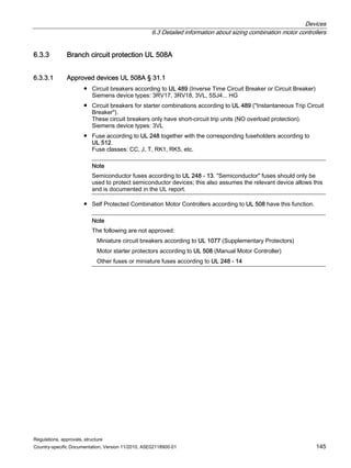 Devices
6.3 Detailed information about sizing combination motor controllers
Regulations, approvals, structure
Country-specific Documentation, Version 11/2010, A5E02118900-01 145
6.3.3 Branch circuit protection UL 508A
6.3.3.1 Approved devices UL 508A § 31.1
● Circuit breakers according to UL 489 (Inverse Time Circuit Breaker or Circuit Breaker)
Siemens device types: 3RV17, 3RV18, 3VL, 5SJ4... HG
● Circuit breakers for starter combinations according to UL 489 (Instantaneous Trip Circuit
Breaker).
These circuit breakers only have short-circuit trip units (NO overload protection).
Siemens device types: 3VL
● Fuse according to UL 248 together with the corresponding fuseholders according to
UL 512.
Fuse classes: CC, J, T, RK1, RK5, etc.
Note
Semiconductor fuses according to UL 248 - 13. Semiconductor fuses should only be
used to protect semiconductor devices; this also assumes the relevant device allows this
and is documented in the UL report.
● Self Protected Combination Motor Controllers according to UL 508 have this function.
Note
The following are not approved:
Miniature circuit breakers according to UL 1077 (Supplementary Protectors)
Motor starter protectors according to UL 508 (Manual Motor Controller)
Other fuses or miniature fuses according to UL 248 - 14
 