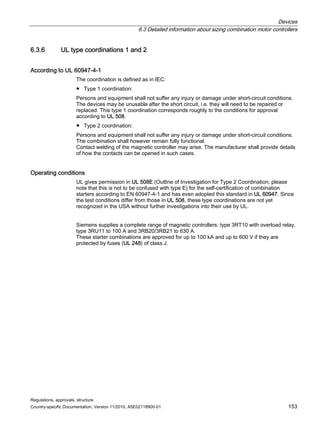Devices
6.3 Detailed information about sizing combination motor controllers
Regulations, approvals, structure
Country-specific Documentation, Version 11/2010, A5E02118900-01 153
6.3.6 UL type coordinations 1 and 2
According to UL 60947-4-1
The coordination is defined as in IEC:
● Type 1 coordination:
Persons and equipment shall not suffer any injury or damage under short-circuit conditions.
The devices may be unusable after the short circuit, i.e. they will need to be repaired or
replaced. This type 1 coordination corresponds roughly to the conditions for approval
according to UL 508.
● Type 2 coordination:
Persons and equipment shall not suffer any injury or damage under short-circuit conditions.
The combination shall however remain fully functional.
Contact welding of the magnetic controller may arise. The manufacturer shall provide details
of how the contacts can be opened in such cases.
Operating conditions
UL gives permission in UL 508E (Outline of Investigation for Type 2 Coordination; please
note that this is not to be confused with type E) for the self-certification of combination
starters according to EN 60947-4-1 and has even adopted this standard in UL 60947. Since
the test conditions differ from those in UL 508, these type coordinations are not yet
recognized in the USA without further investigations into their use by UL.
Siemens supplies a complete range of magnetic controllers: type 3RT10 with overload relay,
type 3RU11 to 100 A and 3RB20/3RB21 to 630 A.
These starter combinations are approved for up to 100 kA and up to 600 V if they are
protected by fuses (UL 248) of class J.
 