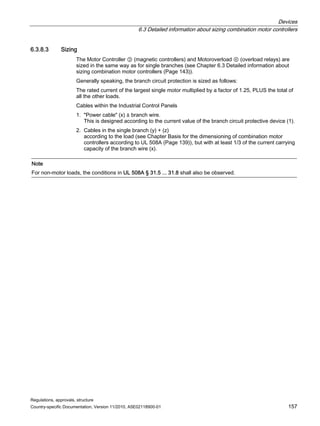 Devices
6.3 Detailed information about sizing combination motor controllers
Regulations, approvals, structure
Country-specific Documentation, Version 11/2010, A5E02118900-01 157
6.3.8.3 Sizing
The Motor Controller ③ (magnetic controllers) and Motoroverload ④ (overload relays) are
sized in the same way as for single branches (see Chapter 6.3 Detailed information about
sizing combination motor controllers (Page 143)).
Generally speaking, the branch circuit protection is sized as follows:
The rated current of the largest single motor multiplied by a factor of 1.25, PLUS the total of
all the other loads.
Cables within the Industrial Control Panels
1. Power cable (x) ≙ branch wire.
This is designed according to the current value of the branch circuit protective device (1).
2. Cables in the single branch (y) + (z)
according to the load (see Chapter Basis for the dimensioning of combination motor
controllers according to UL 508A (Page 139)), but with at least 1/3 of the current carrying
capacity of the branch wire (x).
Note
For non-motor loads, the conditions in UL 508A § 31.5 ... 31.8 shall also be observed.
 