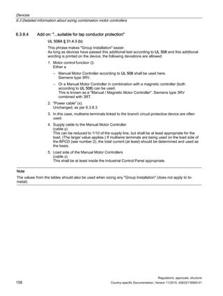 Devices
6.3 Detailed information about sizing combination motor controllers
Regulations, approvals, structure
158 Country-specific Documentation, Version 11/2010, A5E02118900-01
6.3.8.4 Add on: ...suitable for tap conductor protection
UL 508A § 31.4.3 (b)
This phrase makes Group Installation easier.
As long as devices have passed this additional test according to UL 508 and this additional
wording is printed on the device, the following deviations are allowed.
1. Motor control function ③.
Either a
– Manual Motor Controller according to UL 508 shall be used here.
Siemens type 3RV.
– Or a Manual Motor Controller in combination with a magnetic controller (both
according to UL 508) can be used.
This is known as a Manual / Magnetic Motor Controller. Siemens type 3RV
combined with 3RT.
2. Power cable (x).
Unchanged, as per 6.3.8.3
3. In this case, multiwire terminals linked to the branch circuit protective device are often
used.
4. Supply cable to the Manual Motor Controller
(cable y).
This can be reduced to 1/10 of the supply line, but shall be at least appropriate for the
load. (The larger value applies.) If multiwire terminals are being used on the load side of
the BPCD (see number 2), the total current (at least) should be determined and used as
the basis.
5. Load side of the Manual Motor Controllers
(cable z).
This shall be at least inside the Industrial Control Panel appropriate.
Note
The values from the tables should also be used when sizing any Group Installation (does not apply to bi-
metal).
 