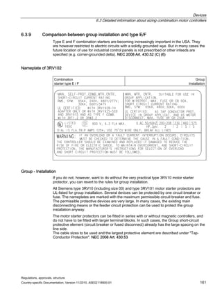 Devices
6.3 Detailed information about sizing combination motor controllers
Regulations, approvals, structure
Country-specific Documentation, Version 11/2010, A5E02118900-01 161
6.3.9 Comparison between group installation and type E/F
Type E and F combination starters are becoming increasingly important in the USA. They
are however restricted to electric circuits with a solidly grounded wye. But in many cases the
future location of use for industrial control panels is not prescribed or other infeeds are
specified (e.g. corner-grounded delta). NEC 2008 Art. 430.52 (C) (6)
Nameplate of 3RV102
Combination
starter type E / F
Group
Installation
Group - Installation
If you do not, however, want to do without the very practical type 3RV10 motor starter
protector, you can revert to the rules for group installation.
All Siemens type 3RV10 (including size 00) and type 3RV101 motor starter protectors are
UL-listed for group installation. Several devices can be protected by one circuit breaker or
fuse. The nameplates are marked with the maximum permissible circuit breaker and fuse.
The permissible protective devices are very large. In many cases, the existing main
disconnecting means or the feeder circuit protection can be used to protect the group
installation anyway.
The motor starter protectors can be fitted in series with or without magnetic controllers, and
do not have to be fitted with larger terminal blocks. In such cases, the Group short-circuit
protective element (circuit breaker or fused disconnect) already has the large spacing on the
line side.
The cable sizes to be used and the largest protective element are described under Tap-
Conductor Protection. NEC 2008 Art. 430.53
 