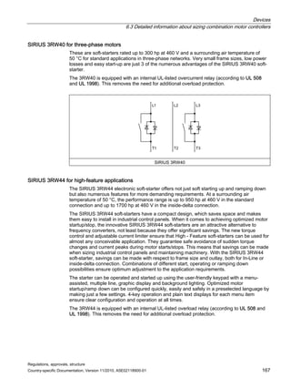 Devices
6.3 Detailed information about sizing combination motor controllers
Regulations, approvals, structure
Country-specific Documentation, Version 11/2010, A5E02118900-01 167
SIRIUS 3RW40 for three-phase motors
These are soft-starters rated up to 300 hp at 460 V and a surrounding air temperature of
50 °C for standard applications in three-phase networks. Very small frame sizes, low power
losses and easy start-up are just 3 of the numerous advantages of the SIRIUS 3RW40 soft-
starter.
The 3RW40 is equipped with an internal UL-listed overcurrent relay (according to UL 508
and UL 1998). This removes the need for additional overload protection.
/ / /
7 7 7
SIRIUS 3RW40
SIRIUS 3RW44 for high-feature applications
The SIRIUS 3RW44 electronic soft-starter offers not just soft starting up and ramping down
but also numerous features for more demanding requirements. At a surrounding air
temperature of 50 °C, the performance range is up to 950 hp at 460 V in the standard
connection and up to 1700 hp at 460 V in the inside-delta connection.
The SIRIUS 3RW44 soft-starters have a compact design, which saves space and makes
them easy to install in industrial control panels. When it comes to achieving optimized motor
startup/stop, the innovative SIRIUS 3RW44 soft-starters are an attractive alternative to
frequency converters, not least because they offer significant savings. The new torque
control and adjustable current limiter ensure that High - Feature soft-starters can be used for
almost any conceivable application. They guarantee safe avoidance of sudden torque
changes and current peaks during motor starts/stops. This means that savings can be made
when sizing industrial control panels and maintaining machinery. With the SIRIUS 3RW44
soft-starter, savings can be made with respect to frame size and outlay, both for In-Line or
inside-delta connection. Combinations of different start, operating or ramping down
possibilities ensure optimum adjustment to the application requirements.
The starter can be operated and started up using the user-friendly keypad with a menu-
assisted, multiple line, graphic display and background lighting. Optimized motor
startup/ramp down can be configured quickly, easily and safely in a preselected language by
making just a few settings. 4-key operation and plain text displays for each menu item
ensure clear configuration and operation at all times.
The 3RW44 is equipped with an internal UL-listed overload relay (according to UL 508 and
UL 1998). This removes the need for additional overload protection.
 