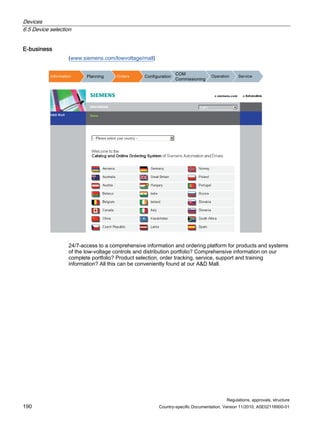 Devices
6.5 Device selection
Regulations, approvals, structure
190 Country-specific Documentation, Version 11/2010, A5E02118900-01
E-business
(www.siemens.com/lowvoltage/mall)
,QIRUPDWLRQ 3ODQQLQJ 2UGHUV RQILJXUDWLRQ
20
RPPLVVLRQLQJ
2SHUDWLRQ 6HUYLFH
24/7-access to a comprehensive information and ordering platform for products and systems
of the low-voltage controls and distribution portfolio? Comprehensive information on our
complete portfolio? Product selection, order tracking, service, support and training
information? All this can be conveniently found at our AD Mall.
 