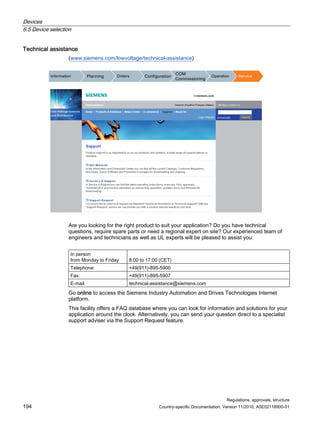 Devices
6.5 Device selection
Regulations, approvals, structure
194 Country-specific Documentation, Version 11/2010, A5E02118900-01
Technical assistance
(www.siemens.com/lowvoltage/technical-assistance)
,QIRUPDWLRQ 3ODQQLQJ 2UGHUV RQILJXUDWLRQ
20
RPPLVVLRQLQJ
2SHUDWLRQ 6HUYLFH
Are you looking for the right product to suit your application? Do you have technical
questions, require spare parts or need a regional expert on site? Our experienced team of
engineers and technicians as well as UL experts will be pleased to assist you:
In person
from Monday to Friday 8:00 to 17:00 (CET)
Telephone: +49(911)-895-5900
Fax: +49(911)-895-5907
E-mail: technical-assistance@siemens.com
Go online to access the Siemens Industry Automation and Drives Technologies Internet
platform.
This facility offers a FAQ database where you can look for information and solutions for your
application around the clock. Alternatively, you can send your question direct to a specialist
support adviser via the Support Request feature.
 