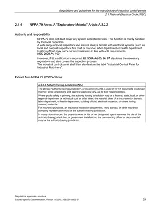Regulations and guidelines for the manufacture of industrial control panels
2.1 National Electrical Code (NEC)
Regulations, approvals, structure
Country-specific Documentation, Version 11/2010, A5E02118900-01 25
2.1.4 NFPA 79 Annex A Explanatory Material Article A.3.2.2
Authority and responsibility
NFPA 79 does not itself cover any system acceptance tests. This function is mainly handled
by the local inspectors.
A wide range of local inspectors who are not always familiar with electrical systems (such as
local and national inspectors, fire chief or marshal, labor department or health department,
building official) may carry out commissioning in line with AHJ requirements.
NEC 2008 Art. 100
However, if UL certification is required, UL 508A Art 65, 66, 67 stipulates the necessary
regulations and also covers the inspection process.
The industrial control panel shall then also feature the label Industrial Control Panel for
Industrial Machinery.
Extract from NFPA 79 (2002 edition)
A.3.2.2 Authority Having Jurisdiction (AHJ)
The phrase authority having jurisdiction, or its acronym AHJ, is used in NFPA documents in a broad
manner, since jurisdictions and approval agencies vary, as do their responsibilities.
Where public safety is primary, the authority having jurisdiction may be a federal, state, local, or other
regional department or individual such as affair chief; fire marshal; chief of a fire prevention bureau,
labor department, or health department; building official; electrical inspector; or others having
statutory authority.
For insurance purposes, an insurance inspection department, rating bureau, or other insurance
company representative may be the authority having jurisdiction.
In many circumstances, the property owner or his or her designated agent assumes the role of the
authority having jurisdiction; at government installations, the commanding officer or departmental
may be the authority having jurisdiction.
 
