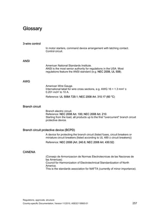 Regulations, approvals, structure
Country-specific Documentation, Version 11/2010, A5E02118900-01 257
Glossary
3-wire control
In motor starters, command device arrangement with latching contact.
Control circuit.
ANSI
American National Standards Institute.
ANSI is the most senior authority for regulations in the USA. Most
regulations feature the ANSI standard (e.g. NEC 2008, UL 508).
AWG
American Wire Gauge.
International label for wire cross sections, e.g. AWG 16 = 1.3 mm2 ≙
0.201 inch2 to 10 A.
Reference: UL 508A T29.1; NEC 2008 Art. 310.17 (60 °C)
Branch circuit
Branch electric circuit.
Reference: NEC 2008 Art. 100; NEC 2008 Art. 210.
Starting from the load, all products up to the first overcurrent branch circuit
protective device.
Branch circuit protective device (BCPD)
A device for protecting the branch circuit (listed fuses, circuit breakers or
miniature circuit breakers (listed according to UL 489 ≙ circuit breakers))
Reference: NEC 2008 (Art. 240.6; NEC 2008 Art. 430.52)
CANENA
(Consejo de Armonizacion de Normas Electrotecnicas de las Nacionas de
las Americas).
Council for Harmonization of Electrotechnical Standardization of North
America.
This is the standards association for NAFTA (currently of minor importance).
 