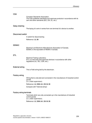 Glossary
Regulations, approvals, structure
Country-specific Documentation, Version 11/2010, A5E02118900-01
259
CSA
Canadian Standards Association.
The CSA publishes standards and approves products in accordance with its
own and other standards (IEC, EN, UL, etc.).
Daisy chaining
The laying of a wire in series from one terminal of a device to another.
Disconnect switch
A switch for disconnecting
Reference: UL 98
EEMAC
Electrical und Electronic Manufacturer Association of Canada.
EEMAC is the equivalent of NEMA in Canada.
ETL
Electrical Testing Laboratory.
ETL is a test body that approves devices in accordance with other
regulations (UL, IEC, CSA, etc.).
External wiring
This is Field wiring laid by the electrician.
Factory wiring
Wiring that is only laid and connected in the manufacture of industrial control
panels
(i.e. under supervision).
Reference: UL 508A Art. 29.6  38
Compare with Internal wiring.
Factory wiring terminals
Terminals which are only connected up in the manufacture of industrial
control panels
(i.e. under supervision).
Reference: UL 508A Art. 29.6  38
 