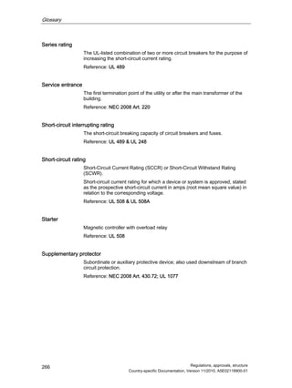 Glossary
Regulations, approvals, structure
Country-specific Documentation, Version 11/2010, A5E02118900-01
266
Series rating
The UL-listed combination of two or more circuit breakers for the purpose of
increasing the short-circuit current rating.
Reference: UL 489
Service entrance
The first termination point of the utility or after the main transformer of the
building.
Reference: NEC 2008 Art. 220
Short-circuit interrupting rating
The short-circuit breaking capacity of circuit breakers and fuses.
Reference: UL 489  UL 248
Short-circuit rating
Short-Circuit Current Rating (SCCR) or Short-Circuit Withstand Rating
(SCWR).
Short-circuit current rating for which a device or system is approved, stated
as the prospective short-circuit current in amps (root mean square value) in
relation to the corresponding voltage.
Reference: UL 508  UL 508A
Starter
Magnetic controller with overload relay
Reference: UL 508
Supplementary protector
Subordinate or auxiliary protective device; also used downstream of branch
circuit protection.
Reference: NEC 2008 Art. 430.72; UL 1077
 