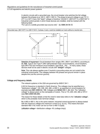 Regulations and guidelines for the manufacture of industrial control panels
2.2 US regulations and electric power systems
Regulations, approvals, structure
30 Country-specific Documentation, Version 11/2010, A5E02118900-01
In electric circuits with a grounded wye, the circuit breaker only switches the full voltage
between the phases (e.g. 240 V, 480 V, 600 V). The phase to ground voltage is just 131 V,
277 V or 347 V here; the slash voltage is therefore 120/240 V, 480Y/277 V or 600Y/347 V.
Industrial control panels in which these devices are installed, shall be marked with the
following label:
For use on a solidly grounded wye source only. UL 508A Art 54.12
Grounded wye, 480 Y/277 V or 208 Y/120 V, 3-phase, 4-wire, could be installed as 3-wire without a neutral wire.
$
%

9
9
9
9
[
Selection of equipment: Circuit breakers from ranges 3RV, 3RA11 and 3RA12, according to
UL 508, Type E and Type F (3RV self-protected motor circuit breakers), circuit breakers,
type 3RV1742 and miniature circuit breakers, type 5SJ4…HG…. In many cases, these
devices shall not be used in electric circuits with straight voltages.
Note: This rule always applies even if neutral or grounding wires are not routed to the
industrial control panel. The voltages between the phases and ground remain in place
despite this (via the common ground).
Voltage and frequency details
The network systems in the USA are governed by ANSI C 84.1.
A 60 Hz frequency is standard in North America. The voltages may be specified as a
distribution voltage: 120, 208, 240, 480, or 600 V, as specified on circuit breakers for
example (see NEC 2008 Art. 100, Voltages and NEMA ICS 1, Art. 4.2). The utilization
voltage is always given on the nameplate of motors. This is 115, 200, 230, 460 or 575 V
(see NEC 2008 430.250).
The reason for these details is that the motor's rated data refers to the utilization voltage,
which is the probable motor terminal voltage.
Be it 460 or 480 V, this is the same network. Industrial control equipment is always tested
with the maximum voltage and maximum current (e.g. by UL). This means that each
standard 460 V AC motor can be run from a 480 V supply.
(utilization voltage = distribution voltage- 4% (voltage drop))
 