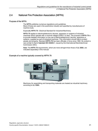 Regulations and guidelines for the manufacture of industrial control panels
2.4 National Fire Protection Association (NFPA)
Regulations, approvals, structure
Country-specific Documentation, Version 11/2010, A5E02118900-01 41
2.4 National Fire Protection Association (NFPA)
Purpose of the NFPA
The NFPA publishes numerous regulations and guidelines.
Most of these are used in the automotive industry and specified by manufacturers of
machine tools.
Especially NFPA 79 - Electrical Standard for Industrial Machinery.
NFPA 79 applies to electrical/electronic devices, apparatus or systems of industrial
machines which operate with a nominal voltage of 600 V or less. The purpose of NFPA 79 is
to provide detailed information on the use of electrical/electronic devices, apparatus or
systems, supplied as part of industrial machines. This information should help to protect
people and property. Standard NFPA 79 has been officially in force since 1962. Its content is
very similar to that of standard IEC 60204-1, issued by the International Electrotechnical
Commission (IEC).
Note: The NFPA 79 requirements, which are more stringent than those of UL 508A, are
indicated separately in this manual.
Example of a machine typically covered by NFPA 79
Machinery for assembling and transporting materials are treated as industrial machinery
according to UL 508A.
 