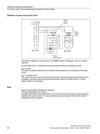What are industrial control panels?
3.2 Terms used in the manufacturing of industrial control panels
Regulations, approvals, structure
48 Country-specific Documentation, Version 11/2010, A5E02118900-01
Definition of power and control circuit
0DLQFLUFXLW 0DLQFLUFXLW
ODVV
FRQWUROFLUFXLW
ODVV
FRQWURO
FLUFXLW
ODVV
FRQWURO
FLUFXLW
The relevant definitions can be found in UL 508A Chapter 2 Glossary. Here is a limited
selection.
§ 2.38 Power Circuit - Conductors and components of branch and feeder circuits.
§ 2.31 Load
The load is a device external to the industrial control panel that is connected to the power
circuit.
§ 2.11 Control circuit
The control circuit is a circuit that carries the electric signals directing the performance of a
controller, and which does not carry the main power circuit. A control circuit is, in most
cases, limited to 15 amperes.
Note
Motors are generally considered to be loads.
This may also apply to fan motors.
If smaller motors are connected directly to the control circuit, the control circuit can then be
treated as the power circuit. This can sometimes have an impact in terms of the kinds of
devices that can be installed.
 