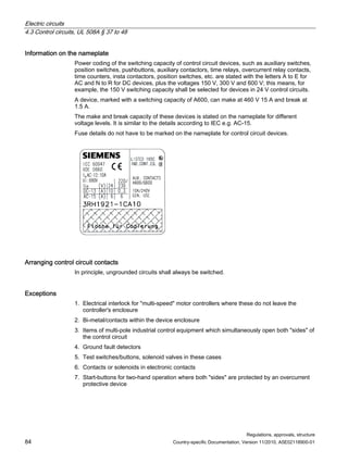 Electric circuits
4.3 Control circuits, UL 508A § 37 to 48
Regulations, approvals, structure
84 Country-specific Documentation, Version 11/2010, A5E02118900-01
Information on the nameplate
Power coding of the switching capacity of control circuit devices, such as auxiliary switches,
position switches, pushbuttons, auxiliary contactors, time relays, overcurrent relay contacts,
time counters, insta contactors, position switches, etc. are stated with the letters A to E for
AC and N to R for DC devices, plus the voltages 150 V, 300 V and 600 V; this means, for
example, the 150 V switching capacity shall be selected for devices in 24 V control circuits.
A device, marked with a switching capacity of A600, can make at 460 V 15 A and break at
1.5 A.
The make and break capacity of these devices is stated on the nameplate for different
voltage levels. It is similar to the details according to IEC e.g. AC-15.
Fuse details do not have to be marked on the nameplate for control circuit devices.
Arranging control circuit contacts
In principle, ungrounded circuits shall always be switched.
Exceptions
1. Electrical interlock for multi-speed motor controllers where these do not leave the
controller's enclosure
2. Bi-metal/contacts within the device enclosure
3. Items of multi-pole industrial control equipment which simultaneously open both sides of
the control circuit
4. Ground fault detectors
5. Test switches/buttons, solenoid valves in these cases
6. Contacts or solenoids in electronic contacts
7. Start-buttons for two-hand operation where both sides are protected by an overcurrent
protective device
 