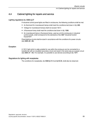 Electric circuits
4.4 Cabinet lighting for repairs and service
Regulations, approvals, structure
Country-specific Documentation, Version 11/2010, A5E02118900-01 89
4.4 Cabinet lighting for repairs and service
Lighting regulations UL 508A § 27
If industrial control panel lights are fitted in enclosures, the following conditions shall be met:
● An illuminant for incandescent lamps shall meet the conditions laid down in UL 496.
● Voltage for incandescent lamps shall not exceed 150 V.
● A fluorescent lamp shall meet the conditions laid down in UL 1598.
● An incandescent lamp or fluorescent lamp, used as a kit for enclosures in industrial
control panels, shall correspond to the standards of UL 508 Industrial Control
Equipment.
Panel lighting circuits shall be sized in accordance with the conditions for power circuits
(UL 508A 28...36).
Exception
A 120 V light which is only suitable for use within the enclosure can be connected to a
transformer with an insulated secondary circuit and sized in the same way as a power circuit
(UL 508A 37 - 44). For example, it is possible to use devices according to UL 1077.
Regulations for lighting with receptacles
The conditions for receptacles, UL 508A § 31.5 and § 40.35, shall also be observed.
 