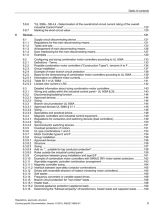 Table of contents
Regulations, approvals, structure
Country-specific Documentation, Version 11/2010, A5E02118900-01 9
5.8.6 "UL 508A - SB 4.4 - Determination of the overall short-circuit current rating of the overall
Industrial Control Panel" ............................................................................................................120
5.8.7 Marking the short-circuit value...................................................................................................120
6 Devices.................................................................................................................................................. 121
6.1 Supply circuit disconnecting device ...........................................................................................121
6.1.1 Regulations for the main disconnecting means.........................................................................121
6.1.2 Types and size...........................................................................................................................123
6.1.3 Arrangement of main disconnecting means ..............................................................................126
6.1.4 Door interlocking for the main disconnecting means.................................................................127
6.1.5 Examples ...................................................................................................................................129
6.2 Configuring and sizing combination motor controllers according to UL 508A...........................133
6.2.1 Definitions - Terms.....................................................................................................................133
6.2.2 Possible combination motor controllers ("Construction Types"), versions A to F......................134
6.2.3 Group installation .......................................................................................................................137
6.2.4 Example of motor branch circuit protection ...............................................................................138
6.2.5 Basis for the dimensioning of combination motor controllers according to UL 508A ................139
6.2.5.1 Information on different motor currents......................................................................................139
6.2.5.2 Table 50.1 in UL 508A ...............................................................................................................141
6.2.5.3 Locked rotor current ≙ LRC .......................................................................................................142
6.3 Detailed information about sizing combination motor controllers ..............................................143
6.3.1 Wiring and cables within the industrial control panel - UL 508A § 29........................................143
6.3.2 Disconnecting/isolating function.................................................................................................144
6.3.2.1 Approved devices ......................................................................................................................144
6.3.2.2 Sizing .........................................................................................................................................144
6.3.3 Branch circuit protection UL 508A .............................................................................................145
6.3.3.1 Approved devices UL 508A § 31.1 ............................................................................................145
6.3.3.2 Sizing .........................................................................................................................................146
6.3.3.3 Specialities and practical advice................................................................................................148
6.3.4 Magnetic controllers and industrial control equipment...............................................................149
6.3.4.1 Regulations for contactors and switching devices (load controllers).........................................149
6.3.4.2 Sizing .........................................................................................................................................150
6.3.4.3 Semiconductor switching devices..............................................................................................151
6.3.5 Overload protection of motors....................................................................................................151
6.3.6 UL type coordinations 1 and 2 ...................................................................................................153
6.3.7 Motor Controller types E and F..................................................................................................154
6.3.8 Group installation.......................................................................................................................156
6.3.8.1 Approved devices ......................................................................................................................156
6.3.8.2 Structure.....................................................................................................................................156
6.3.8.3 Sizing .........................................................................................................................................157
6.3.8.4 Add on: "...suitable for tap conductor protection".......................................................................158
6.3.8.5 Rules outside the industrial control panel..................................................................................159
6.3.9 Comparison between group installation and type E/F ...............................................................161
6.3.10 Example of combination motor controllers with SIRIUS 3RV motor starter protectors .............162
6.3.11 Wye-delta magnetic controller combination arrangement .........................................................163
6.3.11.1 Magnetic controller sizing ..........................................................................................................164
6.3.11.2 Interlock between wye-delta contactor combinations ................................................................165
6.3.12 Drives with reversible direction of rotation (reversing motor controllers)...................................165
6.3.13 Soft starter..................................................................................................................................166
6.3.14 Frequency converters or variable speed drives.........................................................................168
6.3.15 Branch circuit protection for "non-motor" loads .........................................................................168
6.3.15.1 Heater load.................................................................................................................................168
6.3.15.2 General appliance protection (appliance load) ..........................................................................169
6.3.16 Determining the "full-load ampacity" of transformers, heater loads and capacitor loads ..........169
 