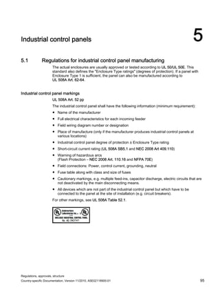 Regulations, approvals, structure
Country-specific Documentation, Version 11/2010, A5E02118900-01 95
Industrial control panels 5
5.1 Regulations for industrial control panel manufacturing
The actual enclosures are usually approved or tested according to UL 50/UL 50E. This
standard also defines the Enclosure Type ratings (degrees of protection). If a panel with
Enclosure Type 1 is sufficient, the panel can also be manufactured according to
UL 508A Art. 62-64.
Industrial control panel markings
UL 508A Art. 52 pp
The industrial control panel shall have the following information (minimum requirement):
● Name of the manufacturer
● Full electrical characteristics for each incoming feeder
● Field wiring diagram number or designation
● Place of manufacture (only if the manufacturer produces industrial control panels at
various locations)
● Industrial control panel degree of protection ≙ Enclosure Type rating
● Short-circuit current rating (UL 508A SB5.1 and NEC 2008 Art 409.110)
● Warning of hazardous arcs
(Flash Protection – NEC 2008 Art. 110.16 and NFPA 70E)
● Field connections: Power, control current, grounding, neutral
● Fuse table along with class and size of fuses
● Cautionary markings, e.g. multiple feed-ins, capacitor discharge, electric circuits that are
not deactivated by the main disconnecting means.
● All devices which are not part of the industrial control panel but which have to be
connected to the panel at the site of installation (e.g. circuit breakers).
For other markings, see UL 508A Table 52.1.
 