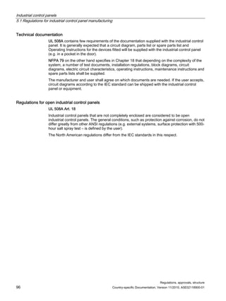 Industrial control panels
5.1 Regulations for industrial control panel manufacturing
Regulations, approvals, structure
96 Country-specific Documentation, Version 11/2010, A5E02118900-01
Technical documentation
UL 508A contains few requirements of the documentation supplied with the industrial control
panel. It is generally expected that a circuit diagram, parts list or spare parts list and
Operating Instructions for the devices fitted will be supplied with the industrial control panel
(e.g. in a pocket in the door).
NFPA 79 on the other hand specifies in Chapter 18 that depending on the complexity of the
system, a number of test documents, installation regulations, block diagrams, circuit
diagrams, electric circuit characteristics, operating instructions, maintenance instructions and
spare parts lists shall be supplied.
The manufacturer and user shall agree on which documents are needed. If the user accepts,
circuit diagrams according to the IEC standard can be shipped with the industrial control
panel or equipment.
Regulations for open industrial control panels
UL 508A Art. 18
Industrial control panels that are not completely enclosed are considered to be open
industrial control panels. The general conditions, such as protection against corrosion, do not
differ greatly from other ANSI regulations (e.g. external systems, surface protection with 500-
hour salt spray test – is defined by the user).
The North American regulations differ from the IEC standards in this respect.
 