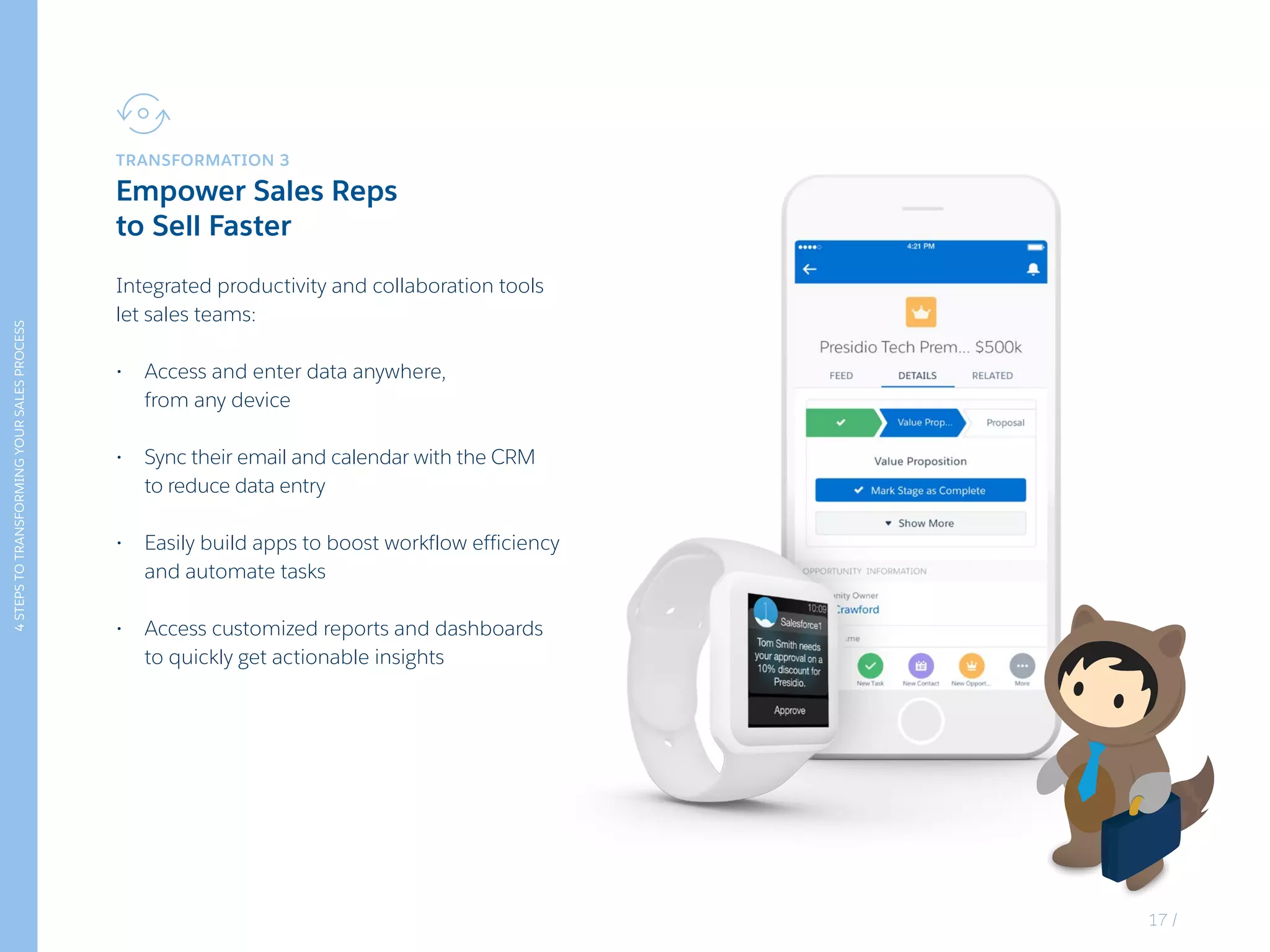 4STEPSTOTRANSFORMINGYOURSALESPROCESS
TRANSFORMATION 3
Empower Sales Reps
to Sell Faster
Integrated productivity and collaboration tools
let sales teams:
•	 Access and enter data anywhere,
from any device
•	 Sync their email and calendar with the CRM
to reduce data entry
•	 Easily build apps to boost workflow efficiency
and automate tasks
•	 Access customized reports and dashboards
to quickly get actionable insights
17 /
 