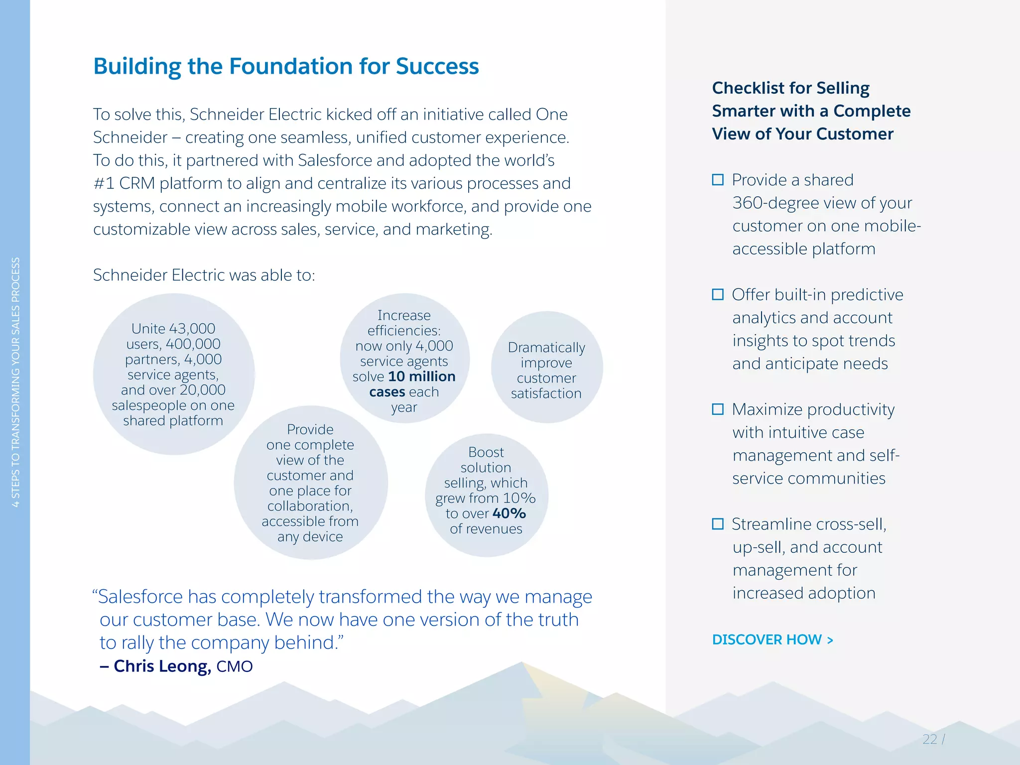 4STEPSTOTRANSFORMINGYOURSALESPROCESS
Building the Foundation for Success
To solve this, Schneider Electric kicked off an initiative called One
Schneider — creating one seamless, unified customer experience.
To do this, it partnered with Salesforce and adopted the world’s
#1 CRM platform to align and centralize its various processes and
systems, connect an increasingly mobile workforce, and provide one
customizable view across sales, service, and marketing.
Schneider Electric was able to:
“Salesforce has completely transformed the way we manage
our customer base. We now have one version of the truth
to rally the company behind.”
— Chris Leong, CMO
Checklist for Selling
Smarter with a Complete
View of Your Customer
Provide a shared
360-degree view of your
customer on one mobile-
accessible platform
Offer built-in predictive
analytics and account
insights to spot trends
and anticipate needs
Maximize productivity
with intuitive case
management and self-
service communities
Streamline cross-sell,
up-sell, and account
management for
increased adoption
DISCOVER HOW >
Unite 43,000
users, 400,000
partners, 4,000
service agents,
and over 20,000
salespeople on one
shared platform
Provide
one complete
view of the
customer and
one place for
collaboration,
accessible from
any device
Increase
efficiencies:
now only 4,000
service agents
solve 10 million
cases each
year
Boost
solution
selling, which
grew from 10%
to over 40%
of revenues
Dramatically
improve
customer
satisfaction
22 /
 
