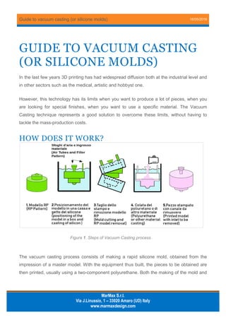 Guide to vacuum casting (or silicone molds) 16/05/2019
MarMax S.r.l.
Via J.Linussio, 1 – 33020 Amaro (UD) Italy
www.marmaxdesign.com
GUIDE TO VACUUM CASTING
(OR SILICONE MOLDS)
In the last few years 3D printing has had widespread diffusion both at the industrial level and
in other sectors such as the medical, artistic and hobbyst one.
However, this technology has its limits when you want to produce a lot of pieces, when you
are looking for special finishes, when you want to use a specific material. The Vacuum
Casting technique represents a good solution to overcome these limits, without having to
tackle the mass-production costs.
HOW DOES IT WORK?
The vacuum casting process consists of making a rapid silicone mold, obtained from the
impression of a master model. With the equipment thus built, the pieces to be obtained are
then printed, usually using a two-component polyurethane. Both the making of the mold and
Figura 1. Steps of Vacuum Casting process .
 