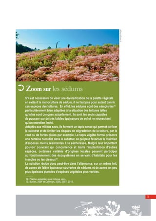 00_001-024-NatureParif_Mise en page 1 21/10/11 10:51 Page11




                                                                                             © Philippe Peiger
          ➲ Zoom sur les sédums
                S’il est nécessaire de viser une diversification de la palette végétale
                en évitant la monoculture de sédum, il ne faut pas pour autant bannir
                ces espèces des toitures. En effet, les sédums sont des xérophytes12
                particulièrement bien adaptées à la situation des toitures telles
                qu’elles sont conçues actuellement. Ils sont les seuls capables
                de pousser sur de très faibles épaisseurs de sol et ne nécessitent
                qu’un entretien limité.
                Adaptés aux milieux secs, ils forment un tapis dense qui permet de fixer
                le substrat et de limiter les risques de dégradation de la toiture, par le
                vent ou de fortes pluies par exemple. Le tapis végétal formé préserve
                une certaine humidité dans le substrat, ce qui peut favoriser le maintien
                d’espèces moins résistantes à la sécheresse. Malgré leur important
                pouvoir couvrant qui concurrence et limite l’implantation d’autres
                espèces, certaines variétés d’origines locales peuvent participer
                au fonctionnement des écosystèmes en servant d’habitats pour les
                insectes ou les oiseaux13.
                La solution réside donc peut-être dans l’alternance, sur un même toit,
                de zones de faible épaisseur couvertes de sédums et de zones un peu
                plus épaisses plantées d’espèces végétales plus variées.

                12. Plantes adaptées aux milieux secs.
                13. Butler, 2009 et Coffman, 2005, 2007, 2010.




                                                                                                                 11
 