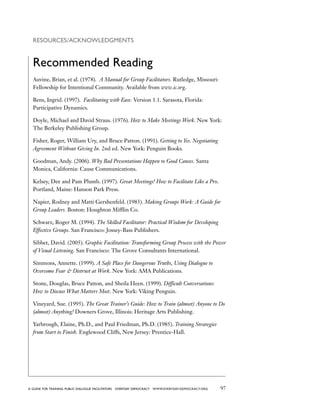 97a guide for training PUBLIC DIALOGUE facilitators EVERYDAY DEMOCRACY www.EVERYDAY-DEMOCRACY.org
Resources/Acknowledgments
Recommended Reading
Auvine, Brian, et al. (1978). A Manual for Group Facilitators. Rutledge, Missouri:
Fellowship for Intentional Community. Available from www.ic.org.
Bens, Ingrid. (1997). Facilitating with Ease. Version 1.1. Sarasota, Florida:
Participative Dynamics.
Doyle, Michael and David Straus. (1976). How to Make Meetings Work. New York:
The Berkeley Publishing Group.
Fisher, Roger, William Ury, and Bruce Patton. (1991). Getting to Yes. Negotiating
Agreement Without Giving In. 2nd ed. New York: Penguin Books.
Goodman, Andy. (2006). Why Bad Presentations Happen to Good Causes. Santa
Monica, California: Cause Communications.
Kelsey, Dee and Pam Plumb. (1997). Great Meetings! How to Facilitate Like a Pro.
Portland, Maine: Hanson Park Press.
Napier, Rodney and Matti Gershenfeld. (1983). Making Groups Work: A Guide for
Group Leaders. Boston: Houghton Mifflin Co.
Schwarz, Roger M. (1994). The Skilled Facilitator: Practical Wisdom for Developing
Effective Groups. San Francisco: Jossey-Bass Publishers.
Sibbet, David. (2005). Graphic Facilitation: Transforming Group Process with the Power
of Visual Listening. San Francisco: The Grove Consultants International.
Simmons, Annette. (1999). A Safe Place for Dangerous Truths, Using Dialogue to
Overcome Fear  Distrust at Work. New York: AMA Publications.
Stone, Douglas, Bruce Patton, and Sheila Heen. (1999). Difficult Conversations:
How to Discuss What Matters Most. New York: Viking Penguin.
Vineyard, Sue. (1995). The Great Trainer’s Guide: How to Train (almost) Anyone to Do
(almost) Anything! Downers Grove, Illinois: Heritage Arts Publishing.
Yarbrough, Elaine, Ph.D., and Paul Friedman, Ph.D. (1985). Training Strategies
from Start to Finish. Englewood Cliffs, New Jersey: Prentice-Hall.
 