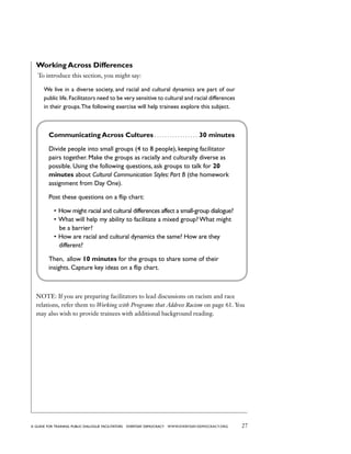 27a guide for training PUBLIC DIALOGUE facilitators EVERYDAY DEMOCRACY www.EVERYDAY-DEMOCRACY.org
Working Across Differences
To introduce this section, you might say:
We live in a diverse society, and racial and cultural dynamics are part of our
public life.Facilitators need to be very sensitive to cultural and racial differences
in their groups.The following exercise will help trainees explore this subject.
Communicating Across Cultures . . . . . . . . . . . . . . . . . . 30 minutes
Divide people into small groups (4 to 8 people), keeping facilitator
pairs together. Make the groups as racially and culturally diverse as
possible. Using the following questions, ask groups to talk for 20
minutes about Cultural Communication Styles: Part B (the homework
assignment from Day One).
Post these questions on a flip chart:
•	How might racial and cultural differences affect a small-group dialogue?
•	What will help my ability to facilitate a mixed group? What might
be a barrier?
•	How are racial and cultural dynamics the same? How are they
different?
Then, allow 10 minutes for the groups to share some of their
insights. Capture key ideas on a flip chart.
NOTE: If you are preparing facilitators to lead discussions on racism and race
relations, refer them to Working with Programs that Address Racism on page 61. You
may also wish to provide trainees with additional background reading.
 