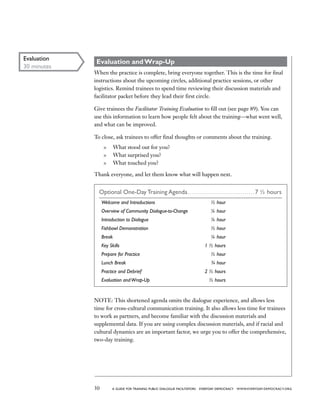 30 a guide for training PUBLIC DIALOGUE facilitators EVERYDAY DEMOCRACY www.EVERYDAY-DEMOCRACY.org
Evaluation and Wrap-Up
When the practice is complete, bring everyone together. This is the time for final
instructions about the upcoming circles, additional practice sessions, or other
logistics. Remind trainees to spend time reviewing their discussion materials and
facilitator packet before they lead their first circle.
Give trainees the Facilitator Training Evaluation to fill out (see page 89). You can
use this information to learn how people felt about the training—what went well,
and what can be improved.
To close, ask trainees to offer final thoughts or comments about the training.
	 What stood out for you?
	 What surprised you?
	 What touched you?
Thank everyone, and let them know what will happen next.
Optional One-Day Training Agenda.. . . . . . . . . . . . . . . . . . . . . . . . . . . . . . . . . . 7 ½ hours
Welcome and Introductions 	 ½ hour
Overview of Community Dialogue-to-Change	 ¼ hour
Introduction to Dialogue	 ¼ hour
Fishbowl Demonstration	 ½ hour
Break	 ¼ hour
Key Skills	 1 ½ hours
Prepare for Practice	 ½ hour
Lunch Break	 ¾ hour
Practice and Debrief	 2 ½ hours
Evaluation andWrap-Up	 ½ hours
NOTE: This shortened agenda omits the dialogue experience, and allows less
time for cross-cultural communication training. It also allows less time for trainees
to work as partners, and become familiar with the discussion materials and
supplemental data. If you are using complex discussion materials, and if racial and
cultural dynamics are an important factor, we urge you to offer the comprehensive,
two-day training.
Evaluation
30 minutes
 