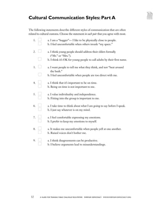 32 a guide for training PUBLIC DIALOGUE facilitators EVERYDAY DEMOCRACY www.EVERYDAY-DEMOCRACY.org
The following statements describe different styles of communication that are often
related to cultural customs. Choose the statement in each pair that you agree with most.
1.	 	 a. I am a “hugger”— I like to be physically close to people.
	 	 b. I feel uncomfortable when others invade “my space.”
2.	 	 a. I think young people should address their elders formally
(“Mr.” or “Mrs.”).
	 	b. I think it’s OK for young people to call adults by their first name.
3.	 	 a. I want people to tell me what they think, and not “beat around
the bush.”
	 	 b. I feel uncomfortable when people are too direct with me.
4.	 	 a. I think that it’s important to be on time.
	 	 b. Being on time is not important to me.
5.	 	 a. I value individuality and independence.
	 	 b. Fitting into the group is important to me.
6.	 	 a. I take time to think about what I am going to say before I speak.
	 	 b. I just say whatever is on my mind.
7.	 	 a. I feel comfortable expressing my emotions.
	 	 b. I prefer to keep my emotions to myself.
8.	 	 a. It makes me uncomfortable when people yell at one another.
	 	 b. Raised voices don’t bother me.
9.	 	 a. I think disagreements can be productive.
	 	 b. I believe arguments lead to misunderstandings.
Cultural Communication Styles: Part A
 
