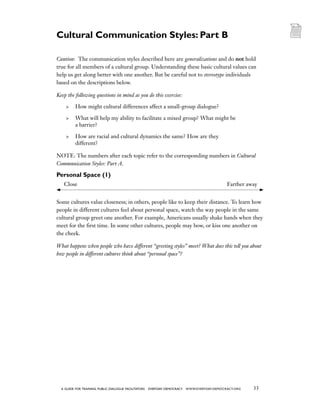 33a guide for training PUBLIC DIALOGUE facilitators EVERYDAY DEMOCRACY www.EVERYDAY-DEMOCRACY.org
Caution: The communication styles described here are generalizations and do not hold
true for all members of a cultural group. Understanding these basic cultural values can
help us get along better with one another. But be careful not to stereotype individuals
based on the descriptions below.
Keep the following questions in mind as you do this exercise:
	 How might cultural differences affect a small-group dialogue?
	What will help my ability to facilitate a mixed group? What might be
a barrier?
	How are racial and cultural dynamics the same? How are they
different?
NOTE: The numbers after each topic refer to the corresponding numbers in Cultural
Communication Styles: Part A.
Personal Space (1)
	 Close	 Farther away
Some cultures value closeness; in others, people like to keep their distance. To learn how
people in different cultures feel about personal space, watch the way people in the same
cultural group greet one another. For example, Americans usually shake hands when they
meet for the first time. In some other cultures, people may bow, or kiss one another on
the cheek.
What happens when people who have different “greeting styles” meet? What does this tell you about
how people in different cultures think about “personal space”?
Cultural Communication Styles: Part B
 