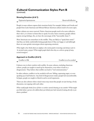 36 a guide for training PUBLIC DIALOGUE facilitators EVERYDAY DEMOCRACY www.EVERYDAY-DEMOCRACY.org
Showing Emotion (6  7)
	 Expressive/spontaneous 	 Reserved/reflective
People in some cultures express their emotions freely. For example, Italians and Greeks and
people from Latin American and African/African American cultures tend to be more open.
Other cultures are more reserved. Native American people tend to be more reflective;
their rule is, it is better to listen than to speak. In some Asian countries, people seldom
express strong feelings. (So, we have the stereotype of the “inscrutable Asian.”)
Most Americans are somewhere in the middle. They are likely to “speak their mind.”
And they are fairly comfortable letting people know if they are happy or sad (although
there are some gender stereotypes about expressing emotion).
What might a boss think about an employee who rarely speaks in meetings and always waits to
be invited to join a project? What might people think when they see a diverse group of noisy,
excited teenagers?
Approach to Conflict (8  9)
	 Conflict is OK 	 Conflict is to be avoided
Cultures vary in their comfort with conflict. In some cultures, including American
culture, people are taught to stand up for themselves, even when it leads to a
disagreement. They believe that conflict can lead to “real communication.”
In other cultures, conflict is to be avoided at all cost. Yelling, expressing anger, or even
speaking up is bad behavior. Any kind of disagreement makes people feel uncomfortable.
In Japan, people are taught to blend in and to avoid arguments.
There are also cultures where raised voices may mean that people are just having a lively
discussion, not arguing with each other.
What would people think if two of their co-workers started shouting at one another? What might
you think about a person who talked about you behind your back instead of coming directly to you
about a problem?
Cultural Communication Styles: Part B
(continued)
 