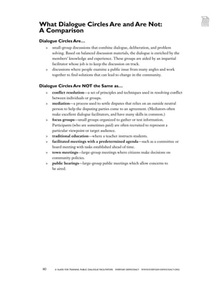 40 a guide for training PUBLIC DIALOGUE facilitators EVERYDAY DEMOCRACY www.EVERYDAY-DEMOCRACY.org
Dialogue Circles Are…
	small-group discussions that combine dialogue, deliberation, and problem
solving. Based on balanced discussion materials, the dialogue is enriched by the
members’ knowledge and experience. These groups are aided by an impartial
facilitator whose job is to keep the discussion on track.
	discussions where people examine a public issue from many angles and work
together to find solutions that can lead to change in the community.
Dialogue Circles Are NOT the Same as…
	conflict resolution—a set of principles and techniques used in resolving conflict
between individuals or groups.
	mediation—a process used to settle disputes that relies on an outside neutral
person to help the disputing parties come to an agreement. (Mediators often
make excellent dialogue facilitators, and have many skills in common.)
	 focus groups—small groups organized to gather or test information.
Participants (who are sometimes paid) are often recruited to represent a
particular viewpoint or target audience.
	traditional education—where a teacher instructs students.
	 facilitated meetings with a predetermined agenda—such as a committee or
board meeting with tasks established ahead of time.
	town meetings—large-group meetings where citizens make decisions on
community policies.
	public hearings—large-group public meetings which allow concerns to
be aired.
What Dialogue Circles Are and Are Not:
A Comparison
 