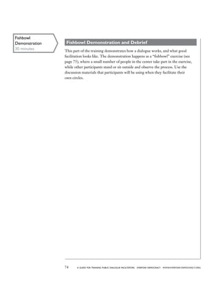 74 a guide for training PUBLIC DIALOGUE facilitators EVERYDAY DEMOCRACY www.EVERYDAY-DEMOCRACY.org
Fishbowl Demonstration and Debrief
This part of the training demonstrates how a dialogue works, and what good
facilitation looks like. The demonstration happens as a “fishbowl” exercise (see
page 75), where a small number of people in the center take part in the exercise,
while other participants stand or sit outside and observe the process. Use the
discussion materials that participants will be using when they facilitate their
own circles.
Fishbowl
Demonstration
30 minutes
 