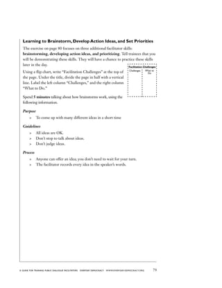 79a guide for training PUBLIC DIALOGUE facilitators EVERYDAY DEMOCRACY www.EVERYDAY-DEMOCRACY.org
Learning to Brainstorm, Develop Action Ideas, and Set Priorities
The exercise on page 80 focuses on three additional facilitator skills:
brainstorming, developing action ideas, and prioritizing. Tell trainees that you
will be demonstrating these skills. They will have a chance to practice these skills
later in the day.
Using a flip chart, write “Facilitation Challenges” at the top of
the page. Under the title, divide the page in half with a vertical
line. Label the left column “Challenges,” and the right column
“What to Do.”
Spend 5 minutes talking about how brainstorms work, using the
following information.
Purpose
	 To come up with many different ideas in a short time
Guidelines
	 All ideas are OK.
	 Don’t stop to talk about ideas.
	 Don’t judge ideas.
Process
	 Anyone can offer an idea; you don’t need to wait for your turn.
	 The facilitator records every idea in the speaker’s words.
Challenges What to
Do
Facilitation Challenges
 
