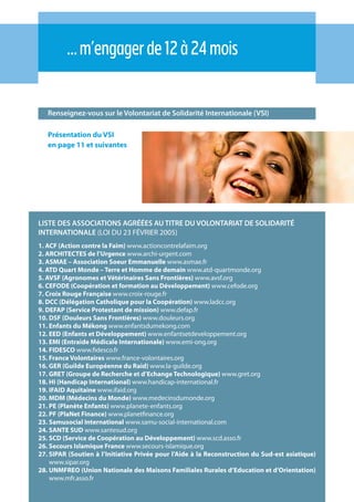 21
Renseignez-vous sur le Volontariat de Solidarité Internationale (VSI)
…m’engagerde12à24mois
Présentation du VSI
en page 11 et suivantes
LISTE DES ASSOCIATIONS AGRÉÉES AU TITRE DU VOLONTARIAT DE SOLIDARITÉ
INTERNATIONALE (LOI DU 23 FÉVRIER 2005)
1. ACF (Action contre la Faim) www.actioncontrelafaim.org
2. ARCHITECTES de l’Urgence www.archi-urgent.com
3. ASMAE – Association Soeur Emmanuelle www.asmae.fr
4. ATD Quart Monde – Terre et Homme de demain www.atd-quartmonde.org
5. AVSF (Agronomes et Vétérinaires Sans Frontières) www.avsf.org
6. CEFODE (Coopération et formation au Développement) www.cefode.org
7. Croix Rouge Française www.croix-rouge.fr
8. DCC (Délégation Catholique pour la Coopération) www.ladcc.org
9. DEFAP (Service Protestant de mission) www.defap.fr
10. DSF (Douleurs Sans Frontières) www.douleurs.org
11. Enfants du Mékong www.enfantsdumekong.com
12. EED (Enfants et Développement) www.enfantsetdeveloppement.org
13. EMI (Entraide Médicale Internationale) www.emi-ong.org
14. FIDESCO www.fidesco.fr
15. France Volontaires www.france-volontaires.org
16. GER (Guilde Européenne du Raid) www.la-guilde.org
17. GRET (Groupe de Recherche et d’Echange Technologique) www.gret.org
18. HI (Handicap International) www.handicap-international.fr
19. IFAID Aquitaine www.ifaid.org
20. MDM (Médecins du Monde) www.medecinsdumonde.org
21. PE (Planète Enfants) www.planete-enfants.org
22. PF (PlaNet Finance) www.planetfinance.org
23. Samusocial International www.samu-social-international.com
24. SANTE SUD www.santesud.org
25. SCD (Service de Coopération au Développement) www.scd.asso.fr
26. Secours Islamique France www.secours-islamique.org
27. SIPAR (Soutien à l’Initiative Privée pour l’Aide à la Reconstruction du Sud-est asiatique)
www.sipar.org
28. UNMFREO (Union Nationale des Maisons Familiales Rurales d’Education et d’Orientation)
www.mfr.asso.fr
 