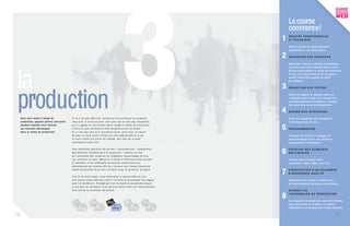 3
                                                                                                                                  La course
                                                                                                                                  commence!
                                                                                                                              1   A N A LY S E F O N C T I O N N E L L E
                                                                                                                                  ET TECHNIQUE

                                                                                                                                  Décrire toutes les fonctionnalités
                                                                                                                                  souhaitées et les outils requis.

                                                                                                                              2   O BTE NTIO N D E S C O NTE N US

                                                                                                                                  Regrouper tous les contenus multimédias




 la
                                                                                                                                  existants qui seront utilisés dans le site.
                                                                                                                                  Ne pas sous-estimer le travail de recherche.
                                                                                                                                  Ce qui n’est pas trouvé ou de mauvaise
                                                                                                                                  qualité devra être produit ou retiré
                                                                                                                                  du scénario.

                                                                                                                              3

 production
                                                                                                                                  RÉDACTI O N D E S TE X TE S

                                                                                                                                  Écrire ou adapter le contenu prévu en
                                                                                                                                  l’adaptant pour le web et en suivant les
                                                                                                                                  recommandations stratégiques à propos
                                                                                                                                  des mots clés et de leur disposition.

                                                                                                                              4   D E S I G N D E S I N T E R FAC E S

     Vous voici rendu à l’étape de            S i ce n’ es t pas déjà fait, chois is s ez le fournis s eur qui produira           Créer les maquettes qui deviendront
     production, appelée parfois exécution,   votre s ite. Il arrive s ouvent, bien que cela ne s oit pas néces s aire,           l’inter face finale du site.

                                                                                                                              5
     pendant laquelle sont réalisés           qu’ il s ’ agis s e du fournis s eur ayant rédigé le cahier de production.
     les concepts développés                  C’ es t à lui que reviendra le titre de ges tionnaire du projet.                    P R O G R A M M AT I O N
     dans le cahier de production.            Et il n’ es t pas rare qu’ il coordonne aus s i, pour vous , le travail
                                              de deux ou trois autres firmes qui s ont s pécialis ées et à qui                    S’assurer de choisir un langage de
                                              on aura confié une por tie du mandat. S on rôle es t crucial;                       programmation ouver t que plusieurs
                                              chois is s ez-le avec s oin.                                                        programmeurs connaissent.



                                                                                                                              6
                                              Vous entendrez peut-être les termes « pré-production » (préparation                 C R É AT I O N D E S É L É M E N T S
                                              des éléments néces s aires à la production - création en lots                       M U LT I M E D I A S
                                              de l’ ens emble des contenus ) et intégration (as s emblage de tous
                                              ces contenus au s ite). Même s i le travail s ’ ef fectuera ains i s ouvent         Produire les contenus riches
                                              en parallèle, il es t préférable de planifier linéairement les                      (animation, flash, vidéo, son, etc.)
                                              dépendances de livrables afin de s ’ as s urer que chaque res s ource

                                                                                                                              7
                                              s ache exactement ce qu’ elle a à faire, à qui le remettre, et quand.               C O N STITUTI O N D’U N D O C U M E NT
                                                                                                                                  D ’A S S U R A N C E Q U A L I T É
                                              À la fin de cette étape, vous obtiendrez la vers ion bêta du s ite,
                                              une vers ion quas i définitive dont il ne res te qu’ à expurger les bogues          Réper torier les bogues et valider que
                                              avant le lancement. Protégé par mot de pas s e et acces s ible depuis               les fonctionnalités prévues correctement.
                                              un s er veur de vali ation, vous p ou
                                                   e             idation,
                                                              validation,       pourrez tes ter votre s ite intens ivement,
                                                                                  urrez         vo tre           s
                                              tout comme le con trôleur de qua té.
                                                                 nt
                                                              contrôleur        ali
                                                                              qualité.                                            RESPECT DE

                                                                                                                              8   L’ É C H É A N C I E R D E P R O D U C T I O N

                                                                                                                                  Les étapes d‘un projet web sont interreliées;
                                                                                                                                  tout retard dans la chaîne a un impact
                                                                                                                                  immédiat sur la livraison de l’étape suivante.


1
22                                                                                                                                                                             13
 