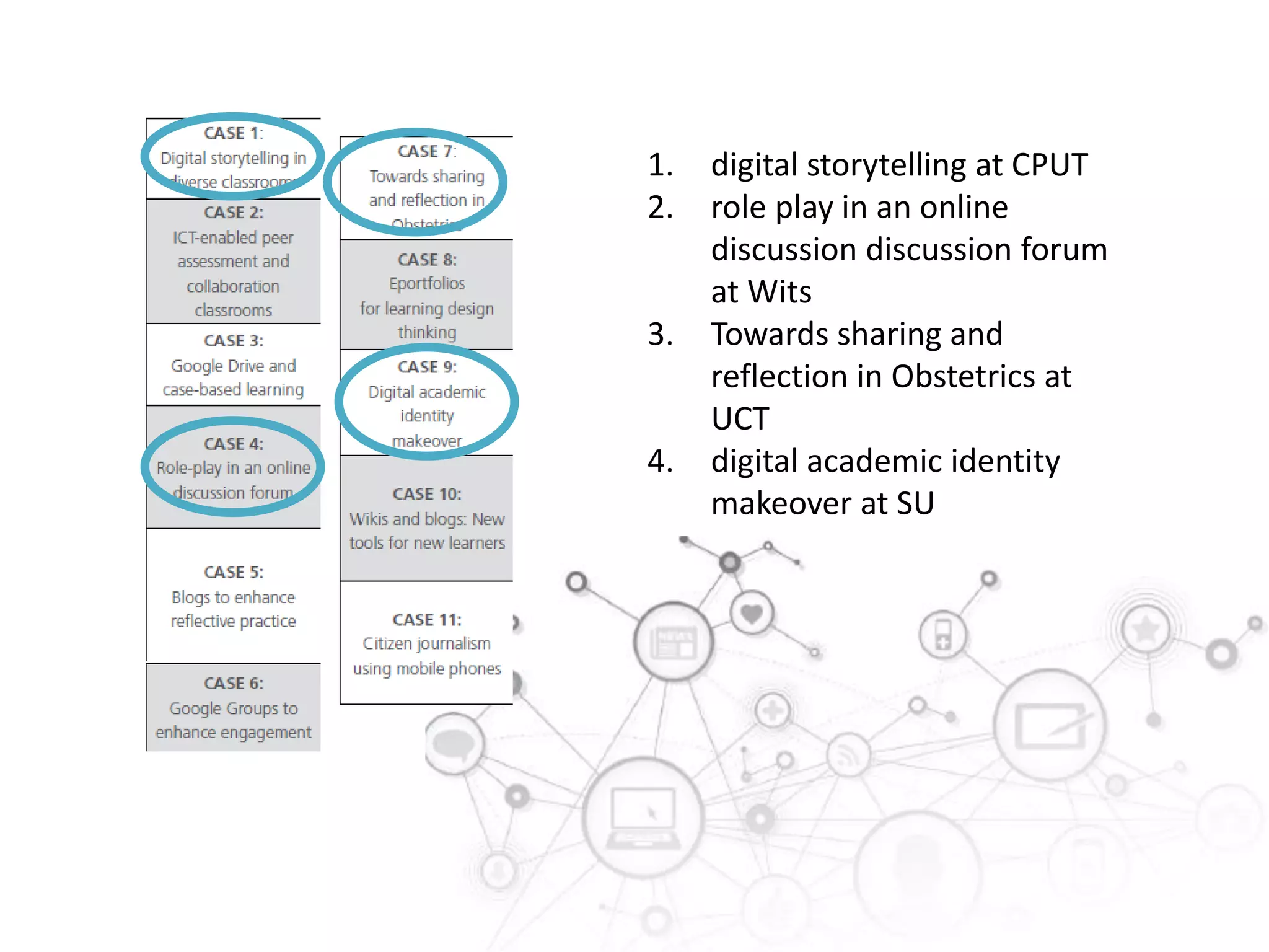 1.
2.

3.

4.

digital storytelling at CPUT
role play in an online
discussion discussion forum
at Wits
Towards sharing and
reflection in Obstetrics at
UCT
digital academic identity
makeover at SU

 