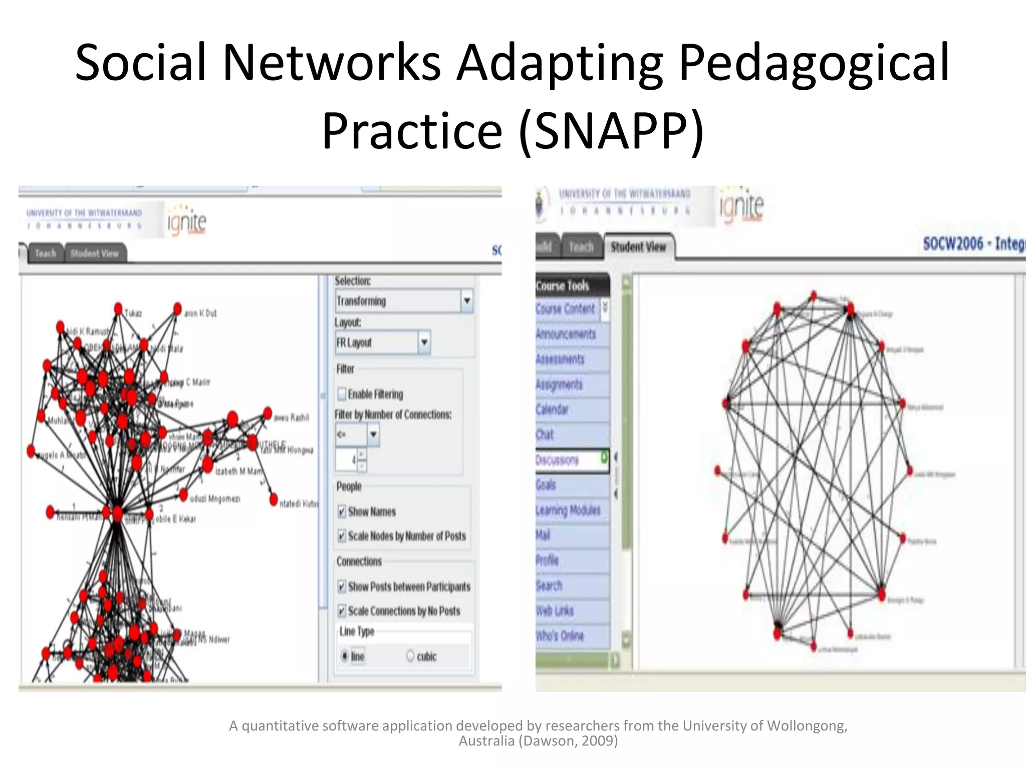 Social Networks Adapting Pedagogical
Practice (SNAPP)

A quantitative software application developed by researchers from the University of Wollongong,
Australia (Dawson, 2009)

 