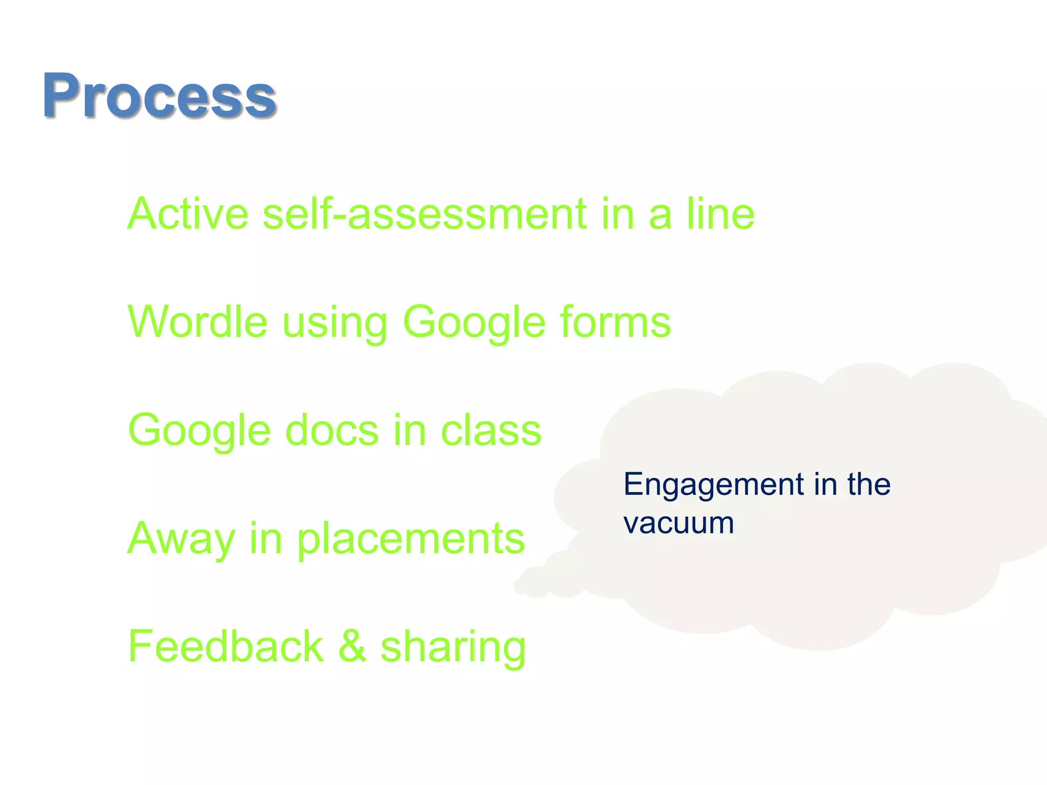 Process
Active self-assessment in a line
Wordle using Google forms

Google docs in class
Away in placements
Feedback & sharing

Engagement in the
vacuum

 