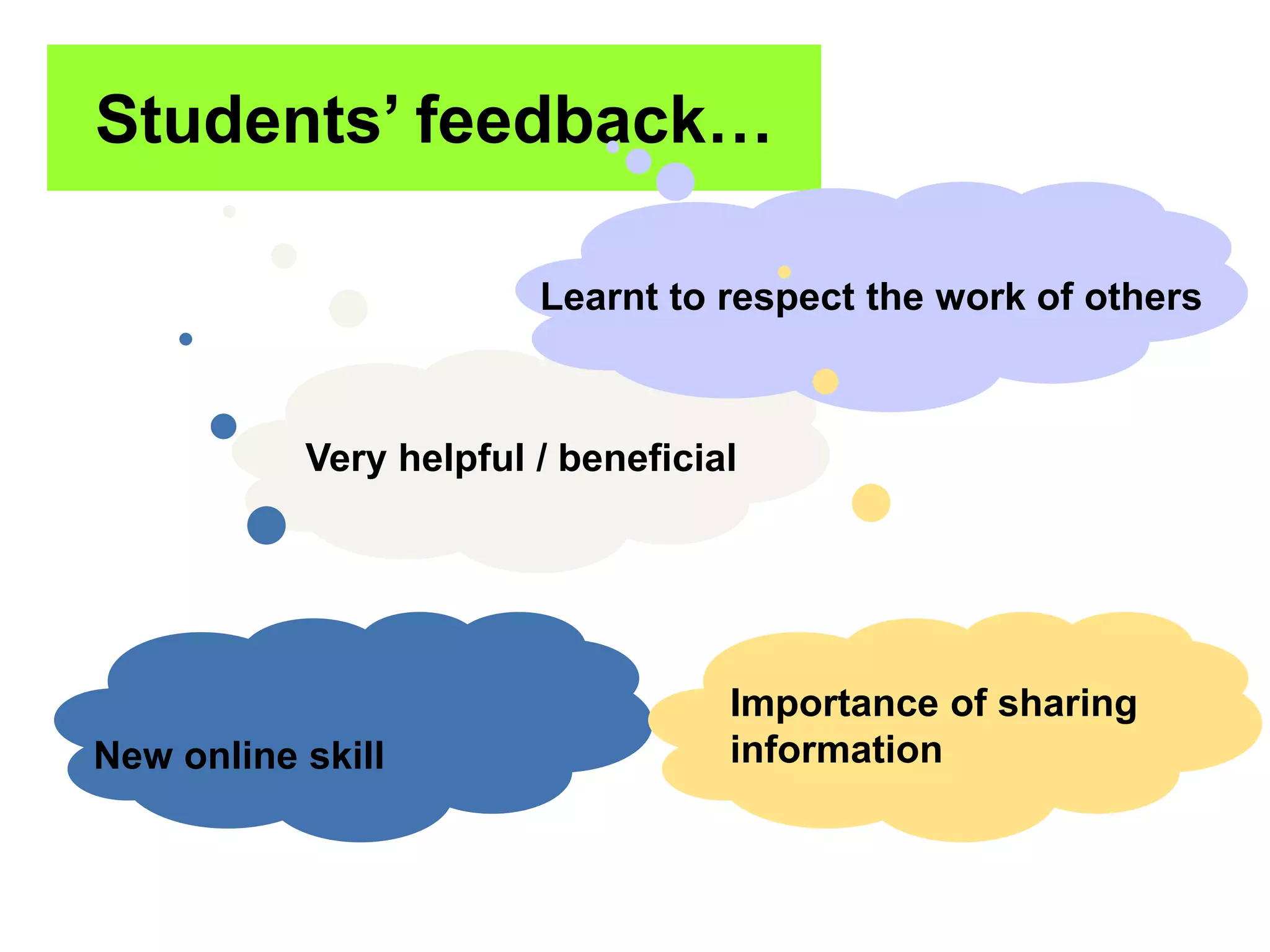 Students’ feedback…
Learnt to respect the work of others

Very helpful / beneficial

New online skill

Importance of sharing
information

 