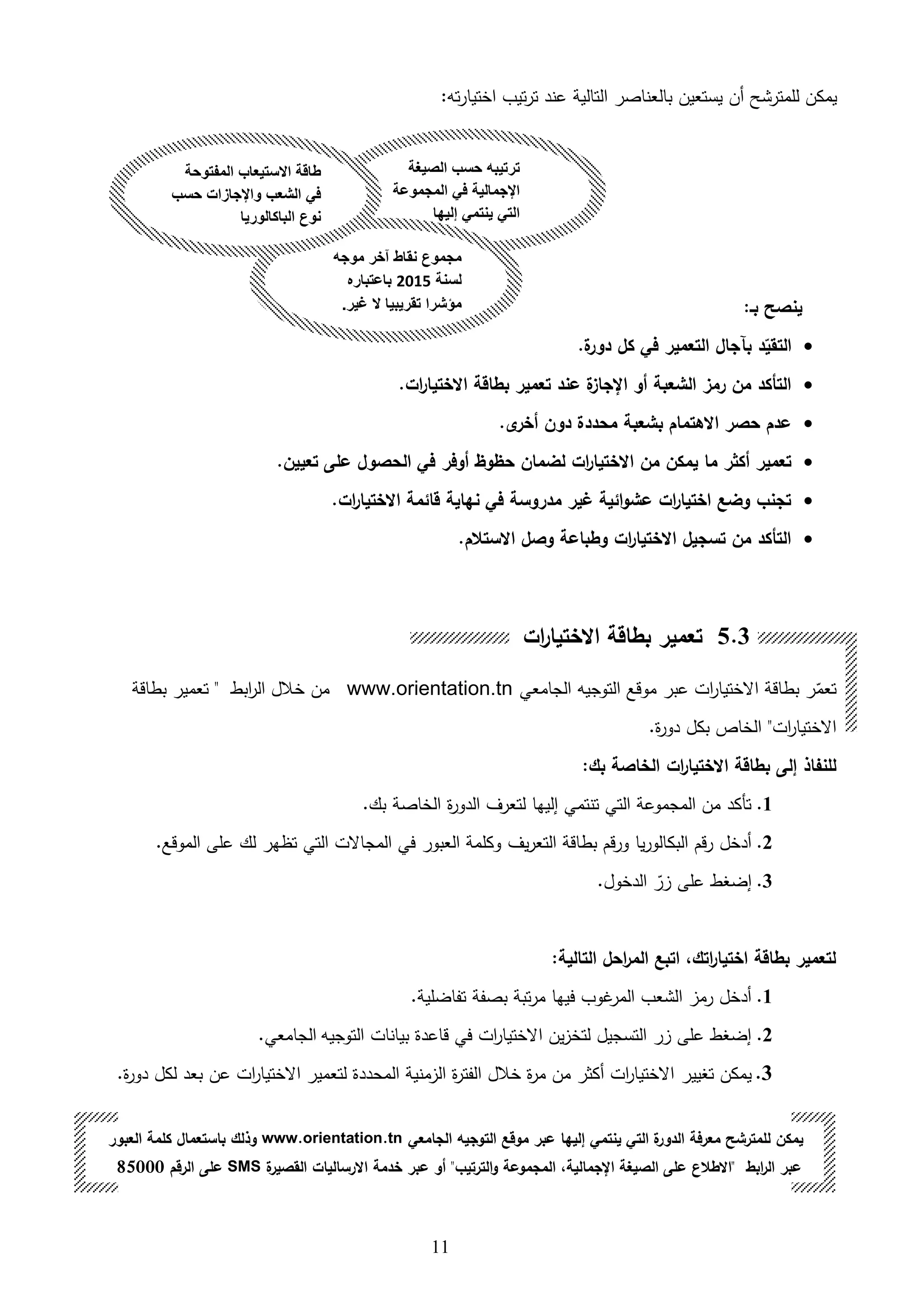 11
‫ق‬‫تعم‬‫موقع‬ ‫عبر‬ ‫ات‬‫ر‬‫االختيا‬ ‫بطاقة‬ ‫ر‬‫الجامعي‬ ‫التوجيه‬www.orientation.tn‫ابط‬‫ر‬‫ال‬ ‫خالل‬ ‫من‬‫بطاقة‬ ‫تعمير‬ "
"‫ات‬‫ر‬‫االختيا‬‫بكل‬ ‫الخاص‬.‫ة‬‫ر‬‫دو‬
‫االختيار‬ ‫بطاقة‬ ‫إلى‬ ‫للنفاذ‬‫ات‬‫بك‬ ‫الخاصة‬:
1.‫ة‬‫ر‬‫الدو‬ ‫لتعرف‬ ‫إليها‬ ‫تنتمي‬ ‫التي‬ ‫المجموعة‬ ‫من‬ ‫تأكد‬‫بك‬ ‫الخاصة‬.
2.‫يف‬‫ر‬‫التع‬ ‫بطاقة‬ ‫ورقم‬ ‫يا‬‫ر‬‫البكالو‬ ‫رقم‬ ‫هدخل‬‫الموقع‬ ‫على‬ ‫لك‬ ‫تظهر‬ ‫التي‬ ‫المجاالت‬ ‫في‬ ‫العبور‬ ‫وكلمة‬.
3.‫الدخول‬ ‫ق‬‫ر‬ ‫على‬ ‫إضغط‬.
:‫التالية‬ ‫احل‬‫ر‬‫الم‬ ‫اتبع‬ ‫اتكل‬‫ر‬‫اختيا‬ ‫بطاقة‬ ‫لتعمير‬
1.‫تفاضلية‬ ‫بصفة‬ ‫تبة‬‫ر‬‫م‬ ‫فيها‬ ‫غوب‬‫المر‬ ‫الشعب‬ ‫رم‬ ‫هدخل‬.
2.‫التوجيه‬ ‫بيانات‬ ‫قاعدة‬ ‫في‬ ‫ات‬‫ر‬‫االختيا‬ ‫ين‬ ‫لتخ‬ ‫التسجيل‬ ‫ر‬ ‫على‬ ‫إضغط‬‫الجامعي‬.
3.‫تغيير‬ ‫يمكن‬‫ة‬‫ر‬‫دو‬ ‫لكل‬ ‫بعد‬ ‫عن‬ ‫ات‬‫ر‬‫االختيا‬ ‫لتعمير‬ ‫المحددة‬ ‫منية‬ ‫ال‬ ‫ة‬‫ر‬‫الفت‬ ‫خالل‬ ‫ة‬‫ر‬‫م‬ ‫من‬ ‫هكثر‬ ‫ات‬‫ر‬‫االختيا‬.
:‫ته‬‫ر‬‫اختيا‬ ‫تيب‬‫ر‬‫ت‬ ‫عند‬ ‫التالية‬ ‫بالعناصر‬ ‫يستعين‬ ‫هن‬ ‫للمترشح‬ ‫يمكن‬
:‫بـ‬ ‫ينصح‬
.‫ة‬‫دور‬ ‫كل‬ ‫في‬ ‫التعمير‬ ‫بآجال‬ ‫د‬‫التقي‬
.‫ات‬‫ر‬‫االختيا‬ ‫بطاقة‬ ‫تعمير‬ ‫عند‬ ‫ة‬‫اإلجاز‬ ‫أو‬ ‫الشعبة‬ ‫رمز‬ ‫من‬ ‫التحكد‬
‫االهتمام‬ ‫حصر‬ ‫عدم‬‫ب‬.‫ى‬‫أخر‬ ‫دون‬ ‫محددة‬ ‫شعبة‬
‫من‬ ‫يمكن‬ ‫ما‬ ‫أكثر‬ ‫تعمير‬‫ات‬‫ر‬‫االختيا‬‫لضمان‬‫حظوظ‬‫أوفر‬‫تعيين‬ ‫على‬ ‫الحصول‬ ‫في‬.
.‫ات‬‫ر‬‫االختيا‬ ‫قائمة‬ ‫نهاية‬ ‫في‬ ‫مدروسة‬ ‫غير‬ ‫ائية‬‫و‬‫عش‬ ‫ات‬‫ر‬‫اختيا‬ ‫وضع‬ ‫تجنب‬
.‫االستالم‬ ‫وصل‬ ‫وطباعة‬ ‫ات‬‫ر‬‫االختيا‬ ‫تسجيل‬ ‫من‬ ‫التحكد‬
‫ة‬ ‫الصي‬ ‫حس‬ ‫ترتيبه‬
‫المجموعة‬ ‫في‬ ‫جمالية‬ ‫ا‬
‫إليها‬ ‫ينتمي‬ ‫التي‬
‫موجه‬ ‫خر‬ ‫نقا‬ ‫مجموع‬
‫لسنة‬2015‫باعتبار‬
.‫ير‬ ‫ال‬ ‫تقريبيا‬ ‫شرا‬ ‫م‬
‫توحة‬ ‫الم‬ ‫االستيعا‬ ‫ة‬ ‫ا‬
‫حس‬ ‫جازات‬ ‫وا‬ ‫الشع‬ ‫في‬
‫الباكالوريا‬ ‫نوع‬
5.3‫ات‬‫ر‬‫االختيا‬ ‫بطاقة‬ ‫تعمير‬
‫يمكن‬‫للمترشح‬‫إليها‬ ‫ينتمي‬ ‫التي‬ ‫ة‬‫الدور‬ ‫معرفة‬‫عبر‬‫التوجيه‬ ‫موقع‬‫الجامعي‬www.orientation.tn‫وذلك‬‫العبور‬ ‫كلمة‬ ‫باستعمال‬
‫ابط‬‫ر‬‫ال‬ ‫عبر‬"‫االطالن‬‫الترتيب‬‫و‬ ‫المجموعة‬ ‫اإلجماليةل‬ ‫الصيغة‬ ‫على‬"‫ة‬‫القصير‬ ‫االرساليات‬ ‫خدمة‬ ‫عبر‬ ‫أو‬SMS‫الرقم‬ ‫على‬85000
 