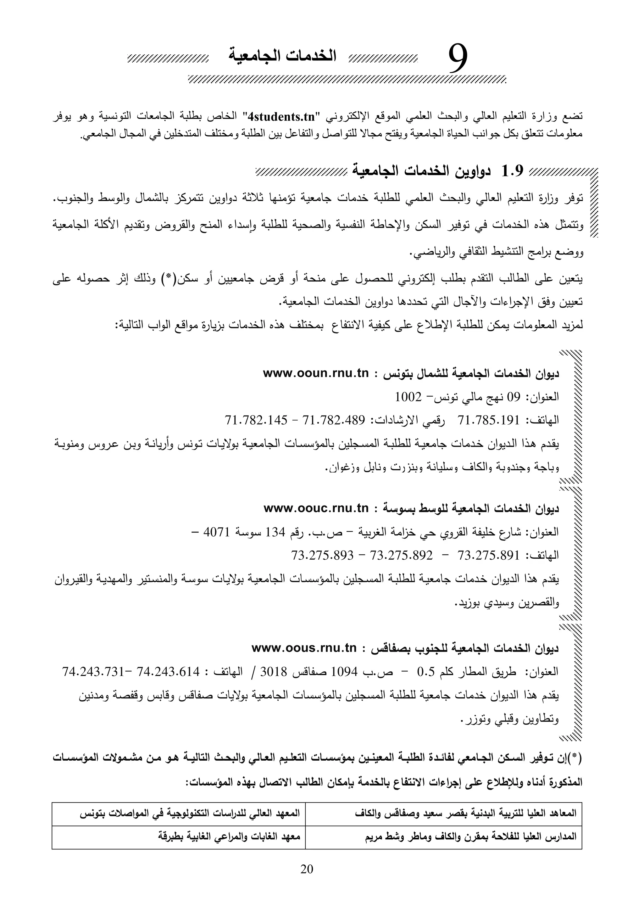 20
.‫الجنوب‬‫و‬ ‫الوسط‬‫و‬ ‫بالشمال‬ ‫تتمرك‬ ‫اوين‬‫و‬‫د‬ ‫ثالثة‬ ‫تؤمنها‬ ‫جامعية‬ ‫خدمات‬ ‫للطلبة‬ ‫العلمي‬ ‫البحث‬‫و‬ ‫العالي‬ ‫التعليم‬ ‫ة‬‫ر‬‫ا‬ ‫و‬ ‫توفر‬
‫السكن‬ ‫توفير‬ ‫في‬ ‫الخدمات‬ ‫ال‬ ‫وتتمثل‬‫للطلبة‬ ‫الصحية‬‫و‬ ‫النفسية‬ ‫اإلحاطة‬‫و‬‫سداء‬‫ا‬‫و‬‫المنح‬‫الجامعية‬ ‫األكلة‬ ‫وتقديم‬ ‫القروو‬‫و‬
.‫ياضي‬‫ر‬‫ال‬‫و‬ ‫الثقافي‬ ‫التنشيط‬ ‫امل‬‫ر‬‫ب‬ ‫ووضع‬
‫قرو‬ ‫هو‬ ‫منحة‬ ‫على‬ ‫للحصول‬ ‫إلكتروني‬ ‫بطلب‬ ‫التقدم‬ ‫الطالب‬ ‫على‬ ‫يتعين‬‫سكن‬ ‫هو‬ ‫جامعيين‬*)‫حصوله‬ ‫إثر‬ ‫وللك‬‫على‬
‫الجامعية‬ ‫الخدمات‬ ‫اوين‬‫و‬‫د‬ ‫تحدداا‬ ‫التي‬ ‫اآلجال‬‫و‬ ‫اءات‬‫ر‬‫اإلج‬ ‫وفق‬ ‫تعيين‬.
‫المعلومات‬ ‫يد‬ ‫لم‬‫للط‬ ‫يمكن‬‫االنتفاع‬ ‫كيفية‬ ‫على‬ ‫اإلطالع‬ ‫لبة‬‫الخد‬ ‫ال‬ ‫بمختلف‬:‫التالية‬ ‫اب‬‫و‬‫ال‬ ‫اقع‬‫و‬‫م‬ ‫ة‬‫ر‬‫يا‬ ‫ب‬ ‫مات‬
)*‫ـات‬‫ـ‬‫المؤسس‬ ‫الت‬‫و‬‫ـم‬‫ـ‬‫مش‬ ‫ـن‬‫ـ‬‫م‬ ‫ـو‬‫ـ‬‫ه‬ ‫ـة‬‫ـ‬‫التالي‬ ‫ـث‬‫ـ‬‫البح‬‫و‬ ‫ـالي‬‫ـ‬‫الع‬ ‫ـيم‬‫ـ‬‫التعل‬ ‫ـات‬‫ـ‬‫بمؤسس‬ ‫ـين‬‫ـ‬‫المعين‬ ‫ـة‬‫ـ‬‫الطلب‬ ‫ـدة‬‫ـ‬‫لفائ‬ ‫ـامعي‬‫ـ‬‫الج‬ ‫ـكن‬‫ـ‬‫الس‬ ‫ـوفير‬‫ـ‬‫ت‬ ‫إن‬
‫ولإلطالن‬ ‫أدناه‬ ‫ة‬‫المذكور‬‫االنتفان‬ ‫اءات‬‫ر‬‫إج‬ ‫على‬‫بالخدمة‬‫بإمكان‬‫الطالب‬:‫المؤسسات‬ ‫بهذه‬ ‫االتصال‬
‫الكال‬‫و‬ ‫وصفاقس‬ ‫سعيد‬ ‫بقصر‬ ‫البدنية‬ ‫للتربية‬ ‫العليا‬ ‫المعاهد‬‫بتونس‬ ‫اصالت‬‫و‬‫الم‬ ‫في‬ ‫التكنولوجية‬ ‫اسات‬‫ر‬‫للد‬ ‫العالي‬ ‫المعهد‬
‫مريم‬ ‫وشط‬ ‫وماطر‬ ‫الكال‬‫و‬ ‫بمقرن‬ ‫للفالحة‬ ‫العليا‬ ‫المدارس‬‫الغابي‬ ‫اعي‬‫ر‬‫الم‬‫و‬ ‫الغابات‬ ‫معهد‬‫بطبرقة‬ ‫ة‬
‫بتونس‬ ‫للشمال‬ ‫الجامعية‬ ‫الخدمات‬ ‫ان‬‫و‬‫دي‬:www.ooun.rnu.tn
:‫ان‬‫و‬‫العن‬09‫تونس‬ ‫مالي‬ ‫نهل‬-1002
:‫الهاتف‬71.785.191:‫االرشادات‬ ‫قمي‬‫ر‬71.782.489-71.782.145
‫ىة‬‫ى‬‫ب‬‫ومنو‬ ‫ىروس‬‫ى‬‫ع‬ ‫ىن‬‫ى‬‫ب‬‫و‬ ‫ىة‬‫ى‬‫ن‬‫يا‬‫ر‬‫ه‬‫و‬ ‫ىونس‬‫ى‬‫ت‬ ‫ىات‬‫ى‬‫ي‬‫ال‬‫و‬‫ب‬ ‫ىة‬‫ى‬‫ي‬‫الجامع‬ ‫ىات‬‫ى‬‫س‬‫بالمؤس‬ ‫ىجلين‬‫ى‬‫س‬‫الم‬ ‫ىة‬‫ى‬‫ب‬‫للطل‬ ‫ىة‬‫ى‬‫ي‬‫جامع‬ ‫ىدمات‬‫ى‬‫خ‬ ‫ان‬‫و‬‫ىدي‬‫ى‬‫ل‬‫ا‬ ‫ىلا‬‫ى‬‫ا‬ ‫ىدم‬‫ى‬‫ق‬‫ي‬
.‫ان‬‫و‬‫غ‬ ‫و‬ ‫ونابل‬ ‫رت‬ ‫وبن‬ ‫وسليانة‬ ‫الكاف‬‫و‬ ‫وجندوبة‬ ‫وباجة‬
‫للوسط‬ ‫الجامعية‬ ‫الخدمات‬ ‫ان‬‫و‬‫دي‬‫بسوسة‬:www.oouc.rnu.tn
‫بية‬‫ر‬‫الغ‬ ‫امة‬ ‫خ‬ ‫حي‬ ‫القروي‬ ‫خليفة‬ ‫ع‬‫شار‬ :‫ان‬‫و‬‫العن‬-‫رقم‬ .‫ص.ب‬134‫سوسة‬4071–
:‫الهاتف‬73.275.891-73.275.892-73.275.893
‫ىة‬‫س‬‫سو‬ ‫ىات‬‫ي‬‫ال‬‫و‬‫ب‬ ‫ىة‬‫ي‬‫الجامع‬ ‫ىات‬‫س‬‫بالمؤس‬ ‫ىجلين‬‫س‬‫الم‬ ‫ىة‬‫ب‬‫للطل‬ ‫ىة‬‫ي‬‫جامع‬ ‫ىدمات‬‫خ‬ ‫ان‬‫و‬‫الدي‬ ‫الا‬ ‫يقدم‬‫ان‬‫و‬‫ىر‬‫ي‬‫الق‬‫و‬ ‫ىة‬‫ي‬‫المهد‬‫و‬ ‫ىتير‬‫س‬‫المن‬‫و‬
.‫يد‬ ‫بو‬ ‫وسيدي‬ ‫ين‬‫ر‬‫القص‬‫و‬
: ‫بصفاقس‬ ‫للجنوب‬ ‫الجامعية‬ ‫الخدمات‬ ‫ان‬‫و‬‫دي‬www.oous.rnu.tn
‫كلم‬ ‫المطار‬ ‫يق‬‫ر‬‫ط‬ :‫ان‬‫و‬‫العن‬0.5-‫ص.ب‬1094‫صفاقس‬3018/: ‫الهاتف‬74.243.614-74.243.731
‫الا‬ ‫يقدم‬‫ومدنين‬ ‫وقفصة‬ ‫وقابس‬ ‫صفاقس‬ ‫اليات‬‫و‬‫ب‬ ‫الجامعية‬ ‫بالمؤسسات‬ ‫المسجلين‬ ‫للطلبة‬ ‫جامعية‬ ‫خدمات‬ ‫ان‬‫و‬‫الدي‬
.‫ر‬ ‫وتو‬ ‫وقبلي‬ ‫وتطاوين‬
1.9‫الجامعية‬ ‫الخدمات‬ ‫اوين‬‫و‬‫د‬
‫الجامعية‬ ‫الخدمات‬ 9
‫العلمي‬ ‫والبحث‬ ‫العالي‬ ‫التعليم‬ ‫وزارة‬ ‫تضع‬‫ال‬‫موقع‬‫اإل‬‫لكتروني‬4students.tn‫ال‬‫التونسية‬ ‫الجامعات‬ ‫بطلبة‬ ‫خاص‬‫وهو‬‫يوفر‬
‫الجامعي‬ ‫المجال‬ ‫في‬ ‫المتدخلين‬ ‫ومختلف‬ ‫الطلبة‬ ‫بين‬ ‫والتفاعل‬ ‫للتواصل‬ ‫مجاال‬ ‫ويفتح‬ ‫الجامعية‬ ‫الحياة‬ ‫جوانب‬ ‫بكل‬ ‫تتعلق‬ ‫معلومات‬.
 