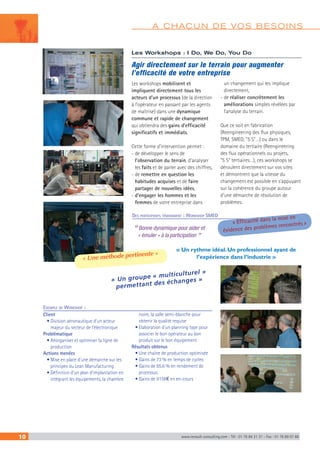 10 www.renault-consulting.com - Tél : 01 76 84 31 31 - Fax : 01 76 89 07 88
Des participants témoignent : Workshop SMED
« Un rythme idéal. Un professionnel ayant de
l’expérience dans l’industrie »
“Bonne dynamique pour aider et
« émuler » à la participation ”
Les Workshops : I Do, We Do, You Do
Agir directement sur le terrain pour augmenter
l’efficacité de votre entreprise
« Un groupe « multiculturel »
permettant des échanges »
Les workshops mobilisent et
impliquent directement tous les
acteurs d’un processus (de la direction
à l’opérateur en passant par les agents
de maîtrise) dans une dynamique
commune et rapide de changement
qui obtiendra des gains d’efficacité
significatifs et immédiats.
Cette forme d’intervention permet :
- de développer le sens de
l’observation du terrain, d’analyser
les faits et de parler avec des chiffres,
- de remettre en question les
habitudes acquises et de faire
partager de nouvelles idées,
- d’engager les hommes et les
femmes de votre entreprise dans
un changement qui les implique
directement,
- de réaliser concrètement les
améliorations simples révélées par
l’analyse du terrain.
Que ce soit en fabrication
(Reengineering des flux physiques,
TPM, SMED, 5 S…) ou dans le
domaine du tertiaire (Reengineering
des flux opérationnels ou projets,
5 S tertiaires…), ces workshops se
déroulent directement sur vos sites
et démontrent que la vitesse du
changement est possible en s’appuyant
sur la cohérence du groupe autour
d’une démarche de résolution de
problèmes.
« Une méthode pertinente »
« Efficacité dans la mise en
évidence des problèmes rencontrés »
Exemple de Workshop :
Client	
	 • Division aéronautique d’un acteur
majeur du secteur de l’électronique
Problématique
	 • Réorganiser et optimiser la ligne de
production
Actions menées
	 • Mise en place d’une démarche sur les
principes du Lean Manufacturing
	 • Définition d’un plan d’implantation en
intégrant les équipements, la chambre
noire, la salle semi-blanche pour
obtenir la qualité requise
	 • Elaboration d’un planning type pour
associer le bon opérateur au bon
produit sur le bon équipement
Résultats obtenus
	 • Une chaîne de production optimisée
	 • Gains de 73 % en temps de cycles
	 • Gains de 65.6 % en rendement de
processus
	 • Gains de 915K€ en en-cours
A CHACUN DE VOS BESOINS
 